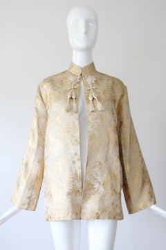 Vintage 1950s Golden Brocade Chinoiserie Evening Jacket Gold Lurex Jacket US 10