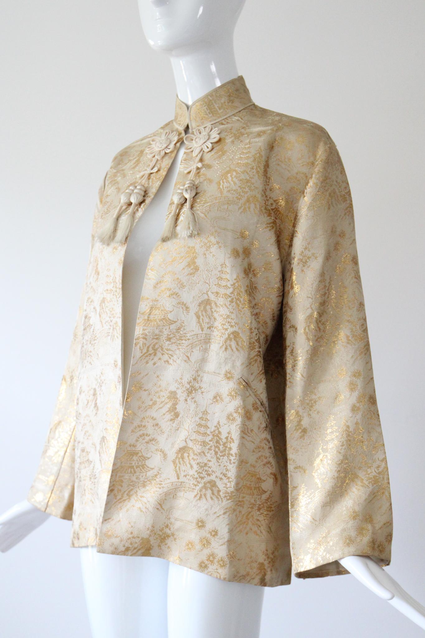 Vintage 1950s Golden Brocade Chinoiserie Abend Jacke Gold Lurex Jacke US 10 im Angebot 1