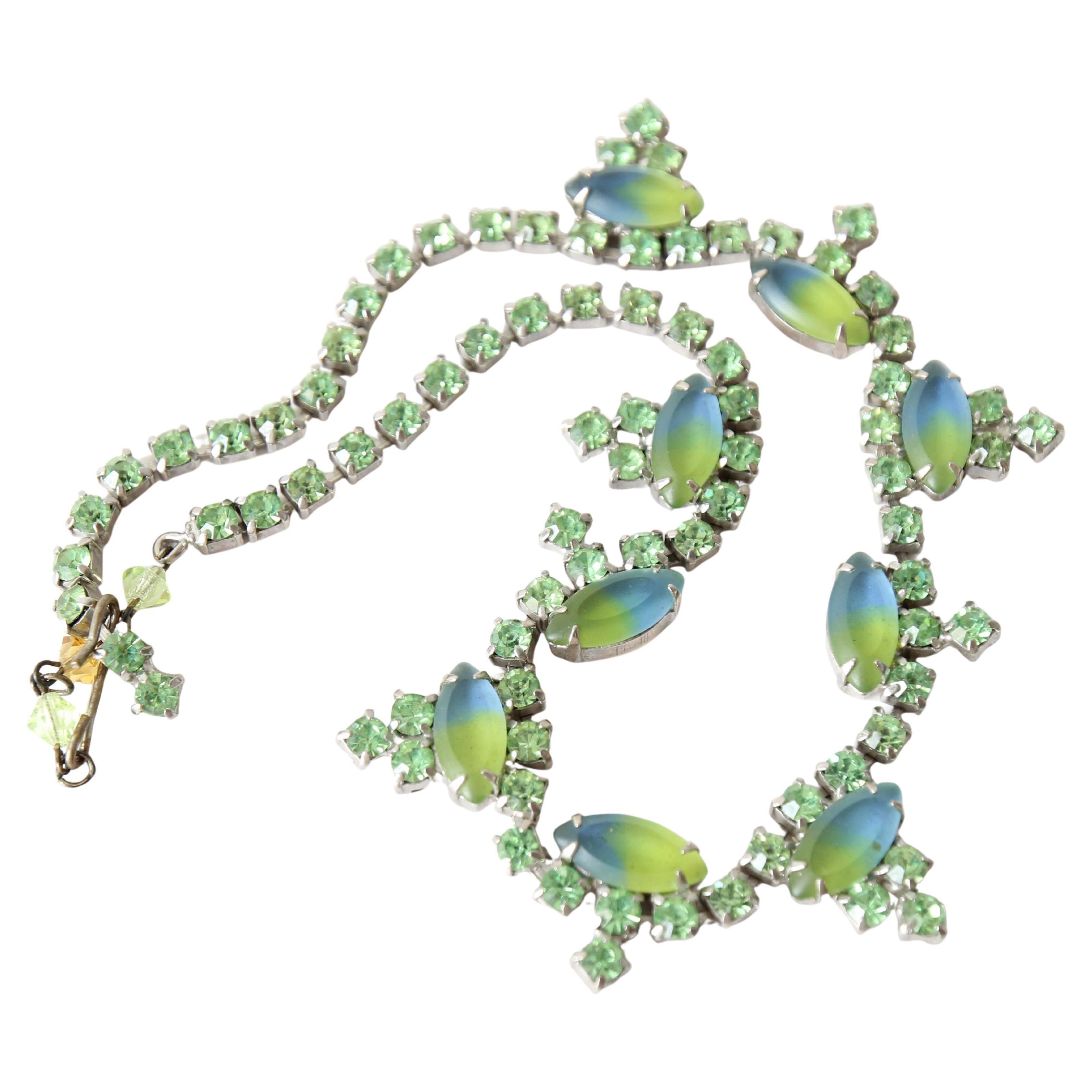 Vintage 1950's green and blue ombré rhinestone necklace costume jewellery 1950s For Sale