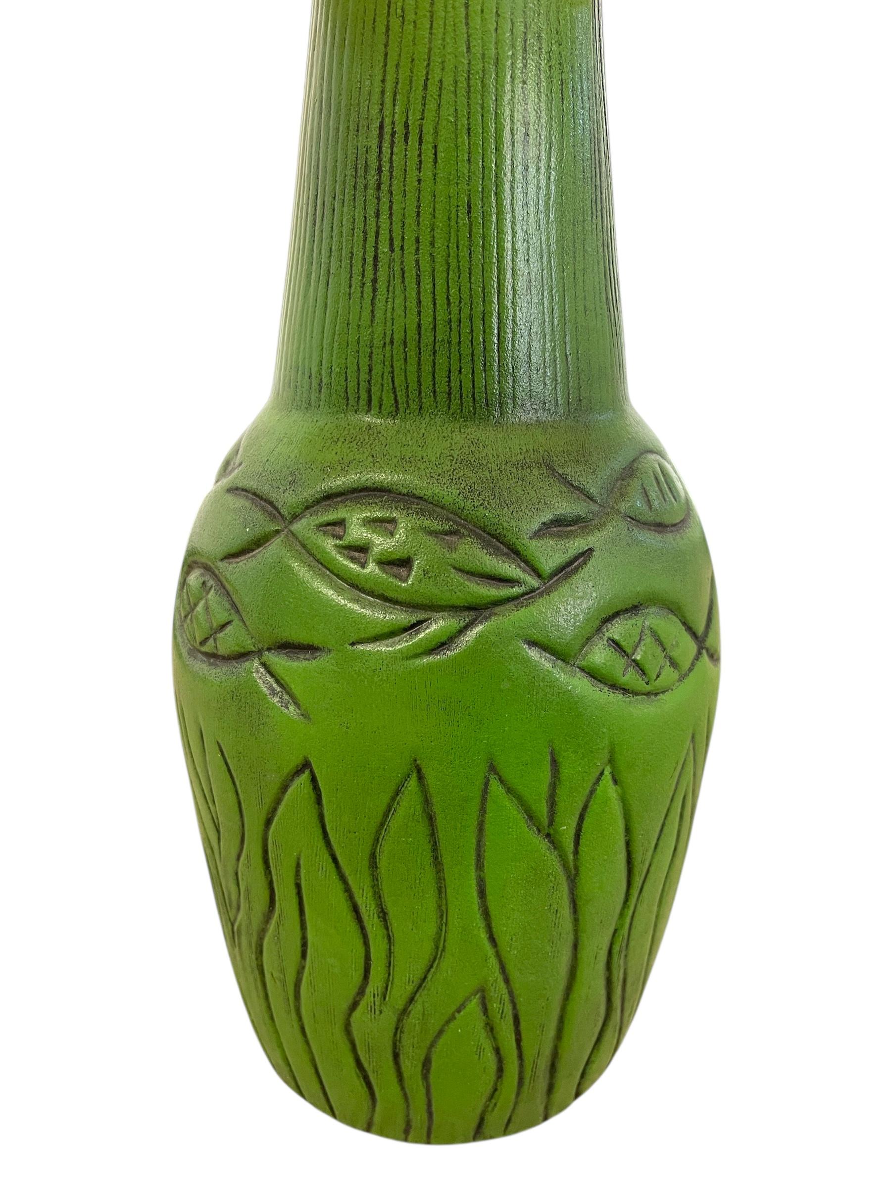 Lampada da tavolo in ceramica verde vintage degli anni '50 con paralume a doppio tamburo in fibra di vetro in vendita 4