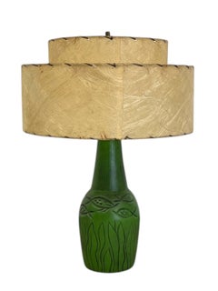 Vintage 1950s Green Ceramic-like Table Lamp with Fiberglass Double Drum Shade