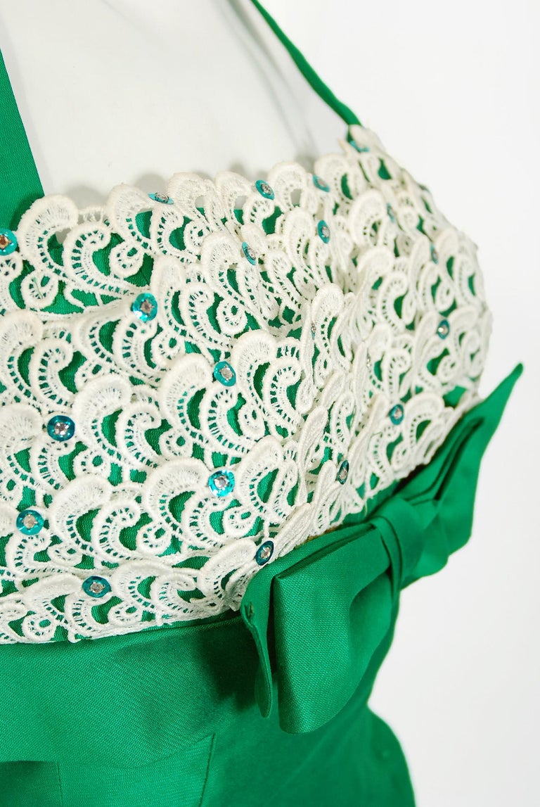 Vintage 1950's Green Cotton and White Lace ShelfBust Halter Skirted