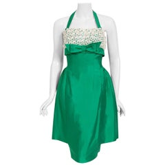 Vintage 1950's Green Cotton & White Lace Shelf-Bust Halter Skirted Wiggle Dress