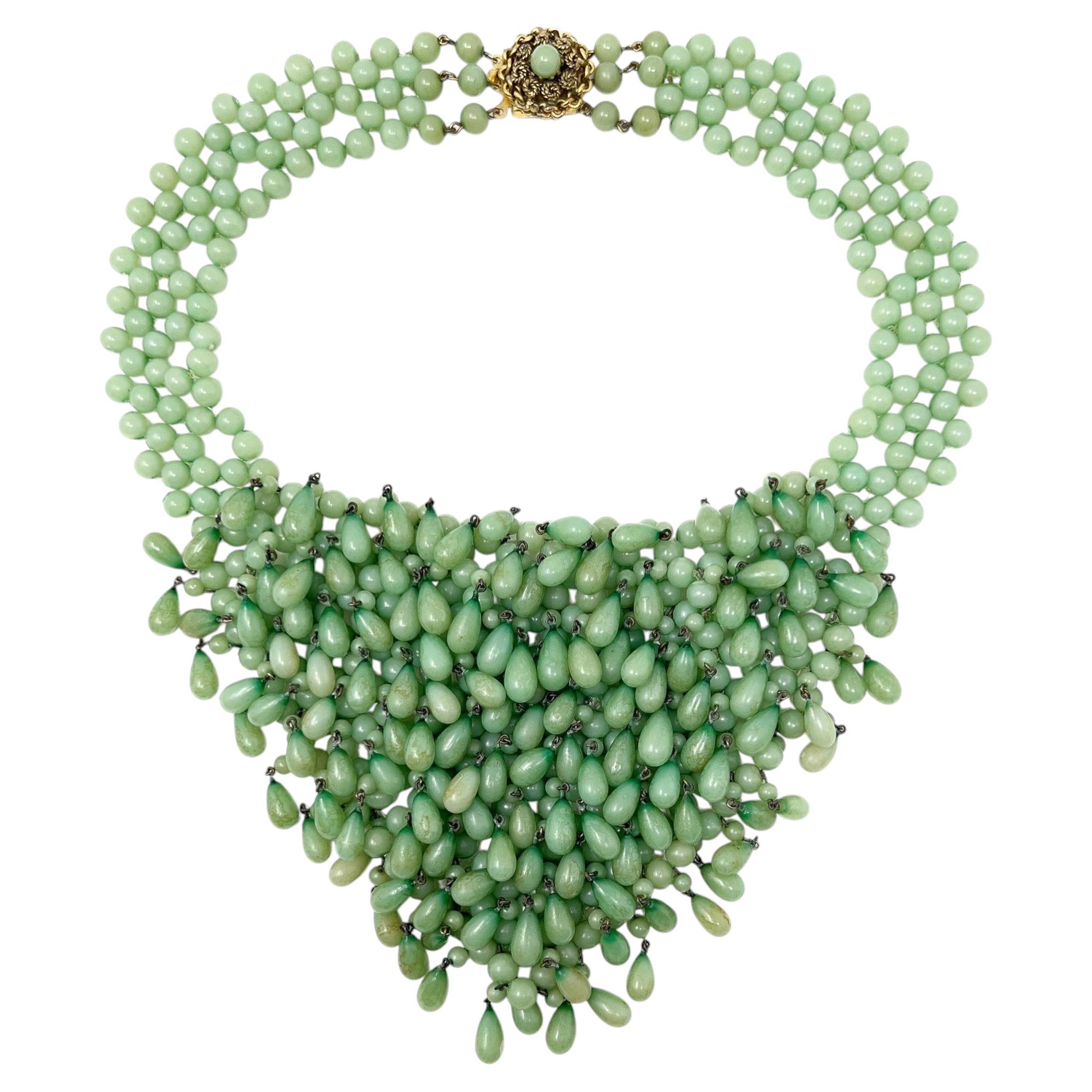Vintage 1950s Green Glass Beaded Bib Necklace