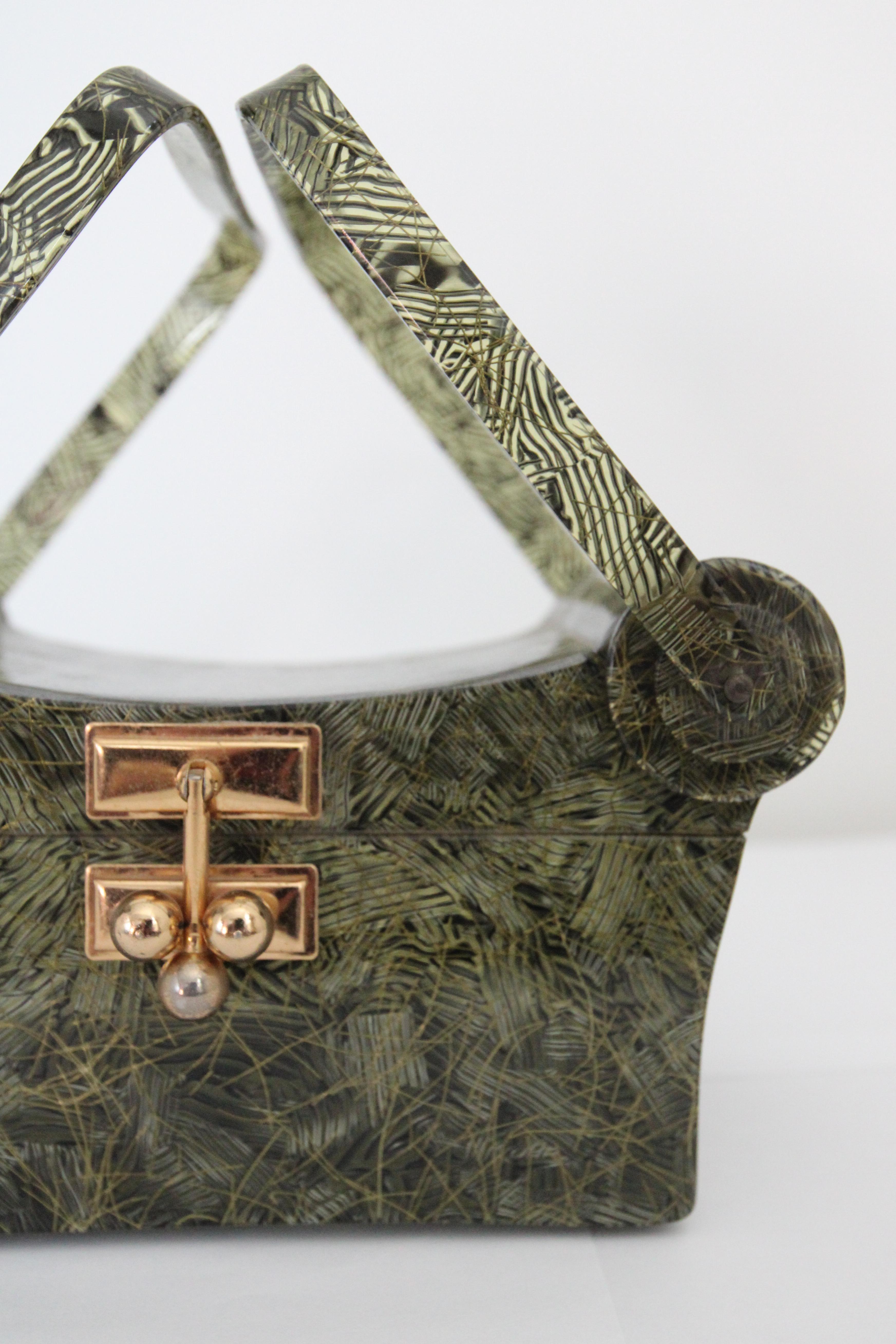 Gray Vintage 1950's Green Lucite Box Bag Myles Original of Miami Confetti Box Bag