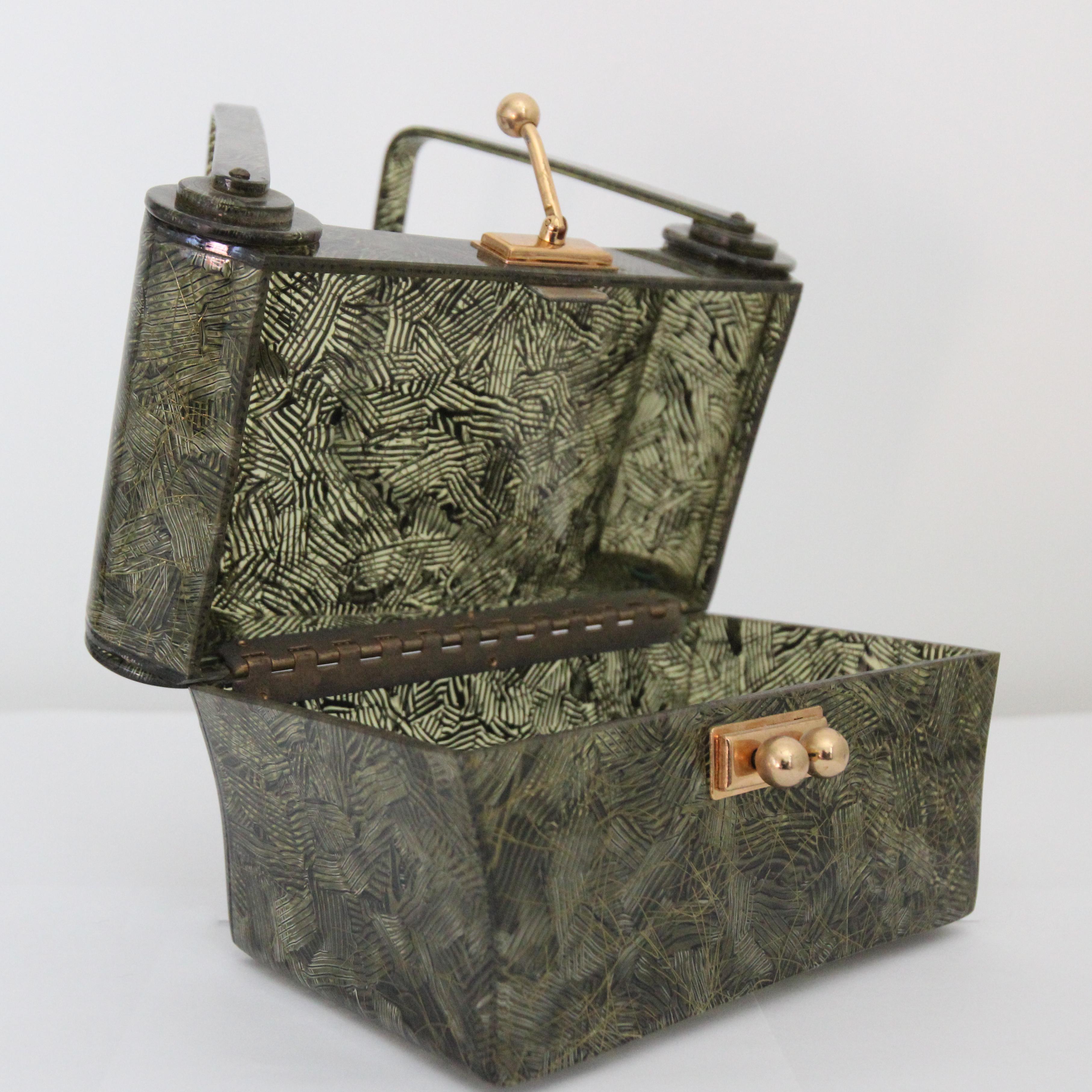 Vintage 1950's Green Lucite Box Bag Myles Original of Miami Confetti Box Bag 2