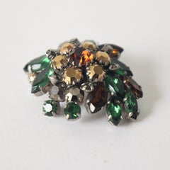 Vintage 1950's Green Rhinestone Floral Brooch Bronze & Green Brooch Lapel Pin