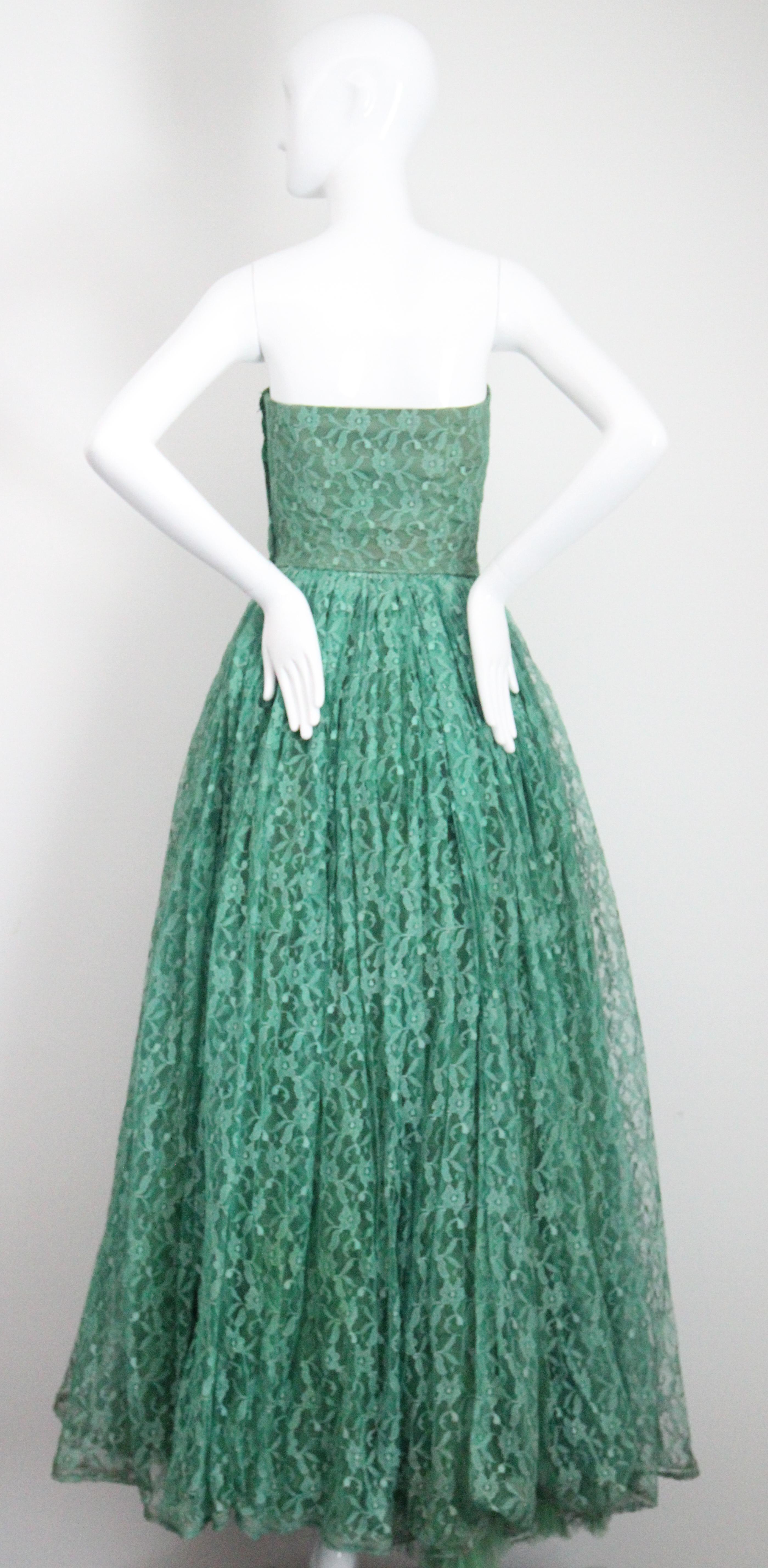 Vintage 1950's Green Tulle Strapless Evening Gown Lace Evening Dress UK 6 US 2 For Sale 8