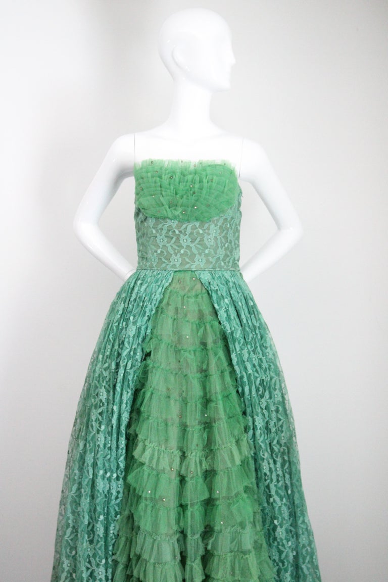 Tulle & Rhinestones Vintage 1950's Green Tulle & Rhinestone Evening Gown UK 6 US 2
