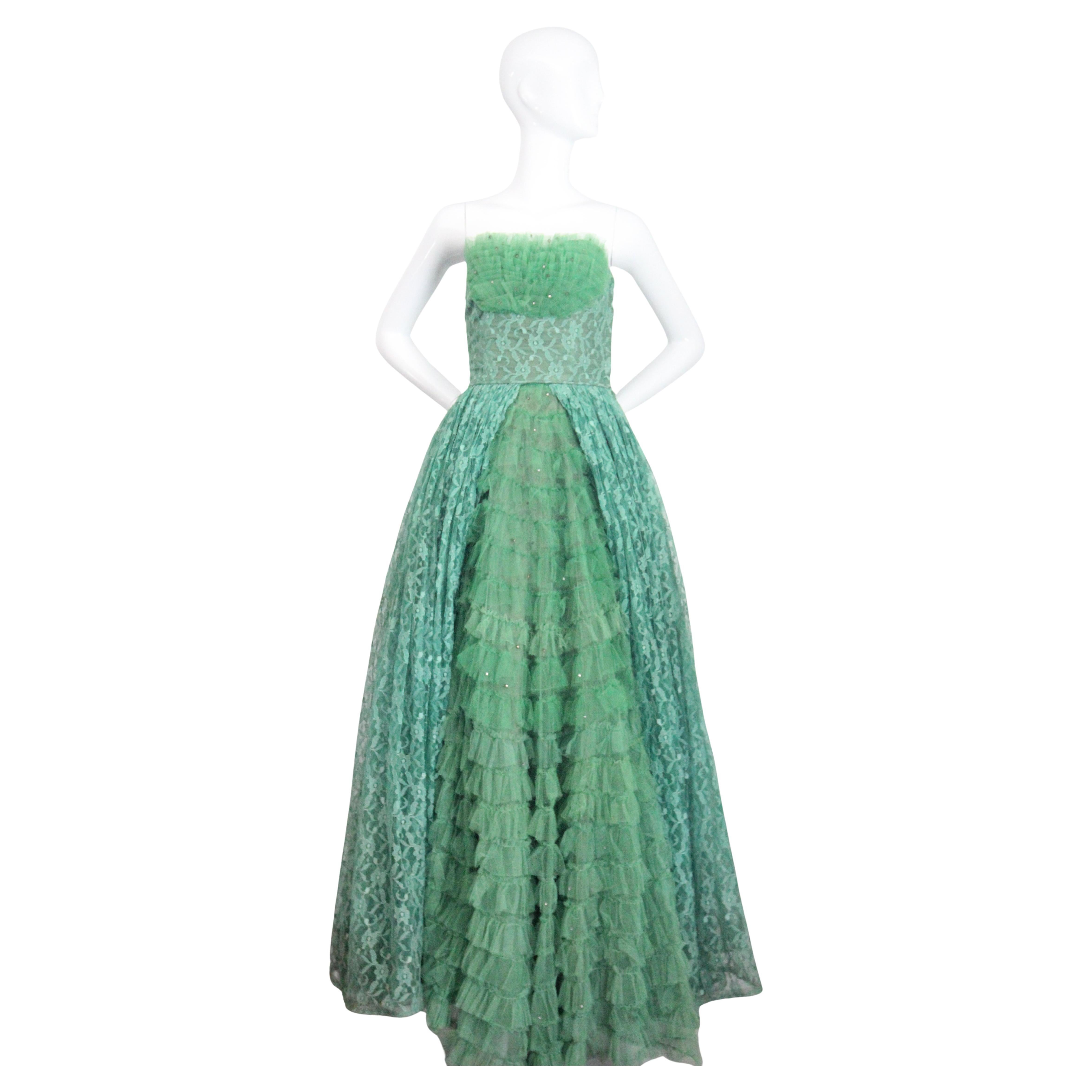 Vestido de noche de tul verde sin tirantes vintage de los años 50 Vestido de noche de encaje UK 6 US 2