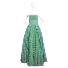 Vintage 1950's Green Tulle Strapless Evening Gown Lace Evening Dress UK 6 US 2