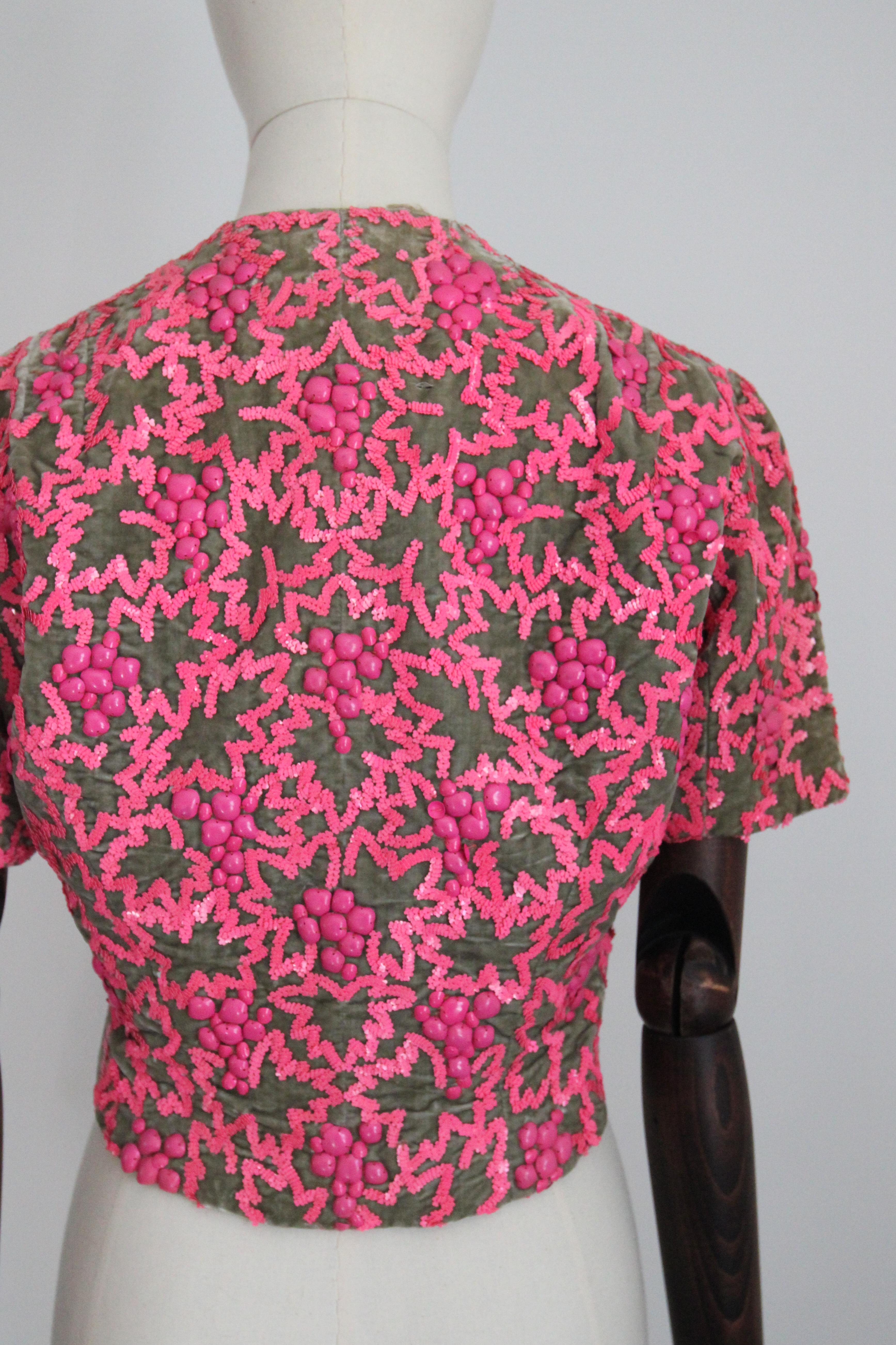 Vintage 1950's green velvet pink sequin bolero 1950 bolero couture UK 8 10 US 4 For Sale 8