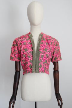 Vintage 1950's green velvet pink sequin bolero 1950 bolero couture UK 8 10 US 4
