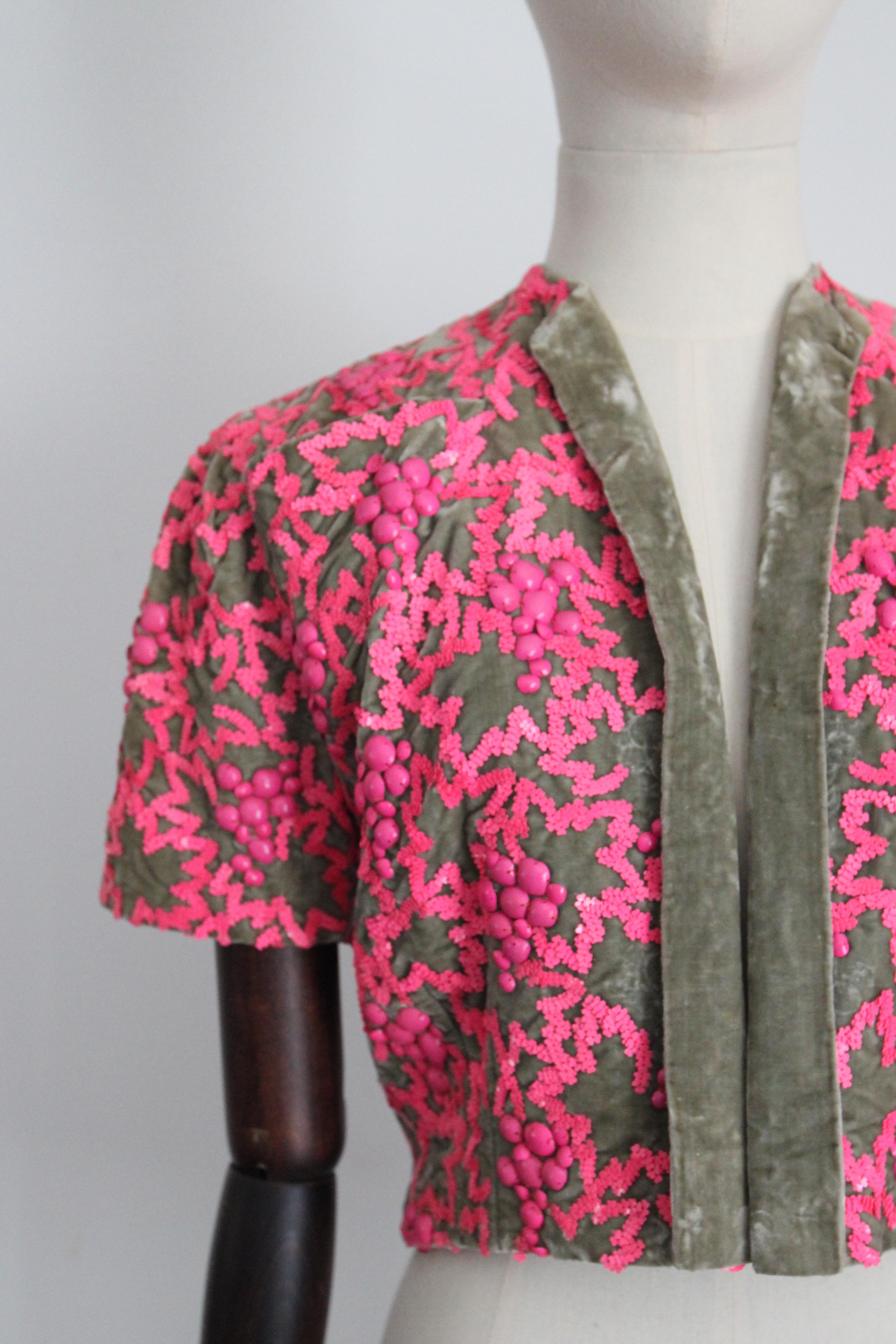 Pink Vintage 1950's green velvet pink sequin bolero 1950 bolero couture UK 8 10 US 4 For Sale