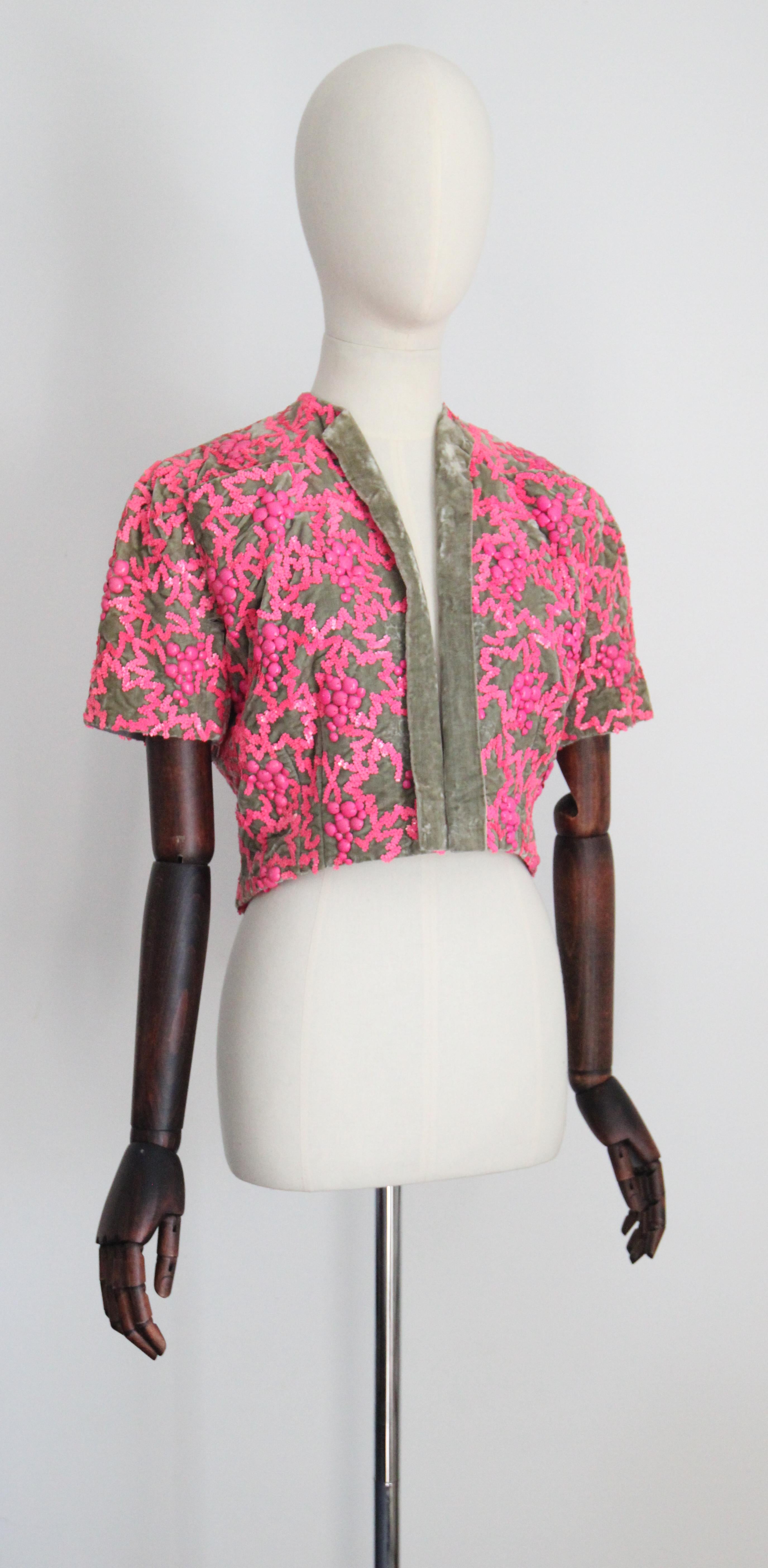 Women's Vintage 1950's green velvet pink sequin bolero 1950 bolero couture UK 8 10 US 4 For Sale