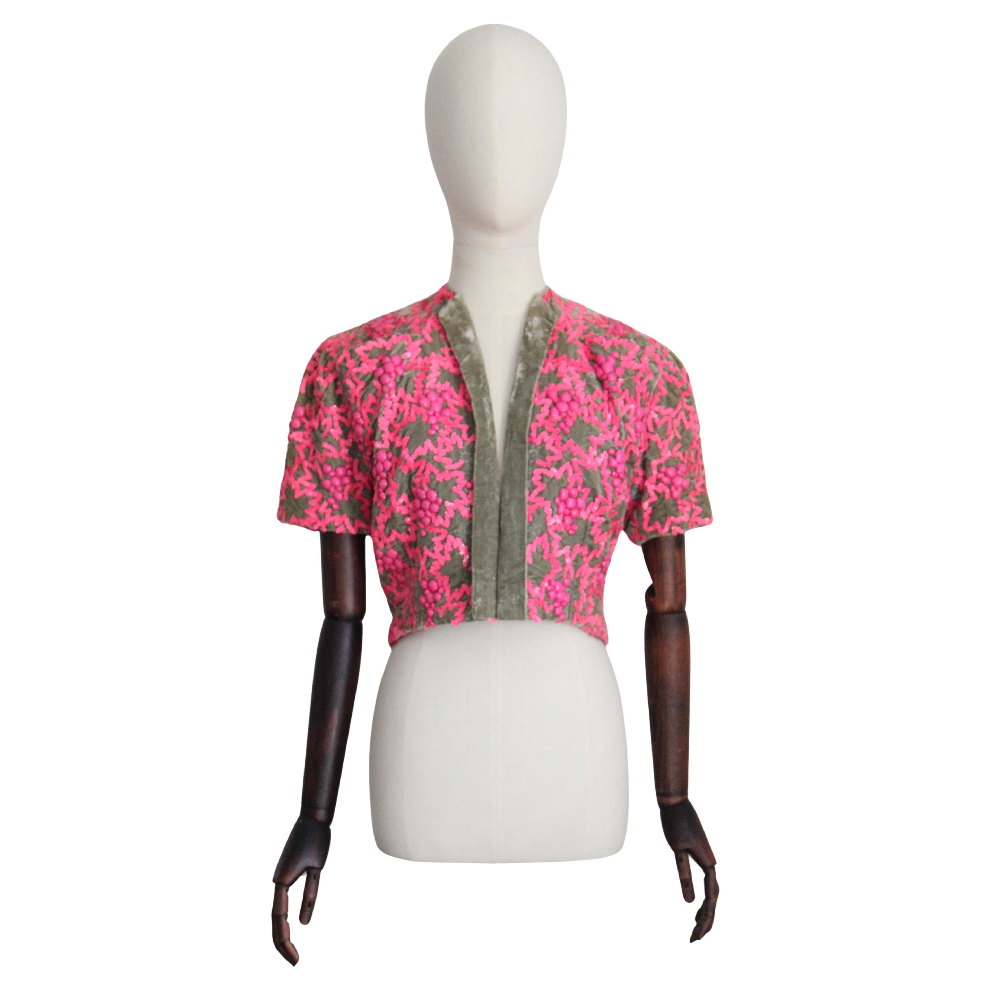 Vintage 1950's green velvet pink sequin bolero 1950 bolero couture UK 8 10 US 4 For Sale