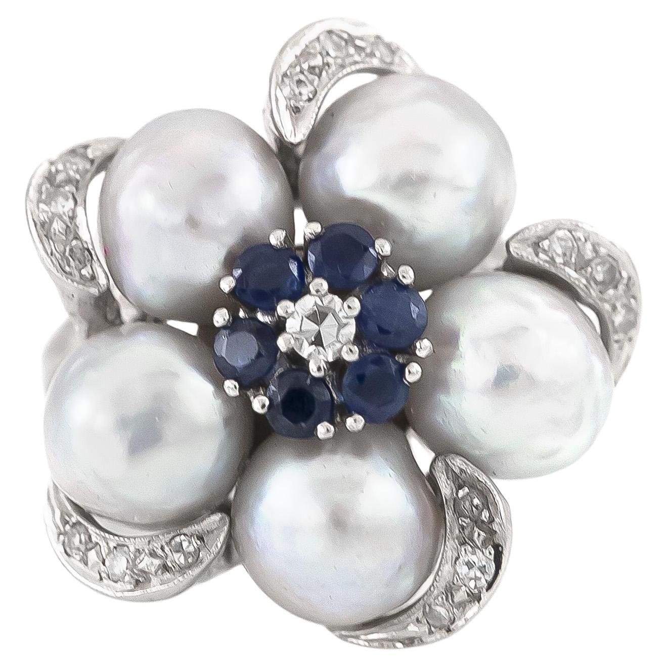 Vintage 1950s Grey Pearls Flower Ring with Sapphires and Diamonds For Sale