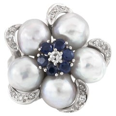 Vintage 1950s Grey Pearls Flower Ring with Sapphires and Diamonds