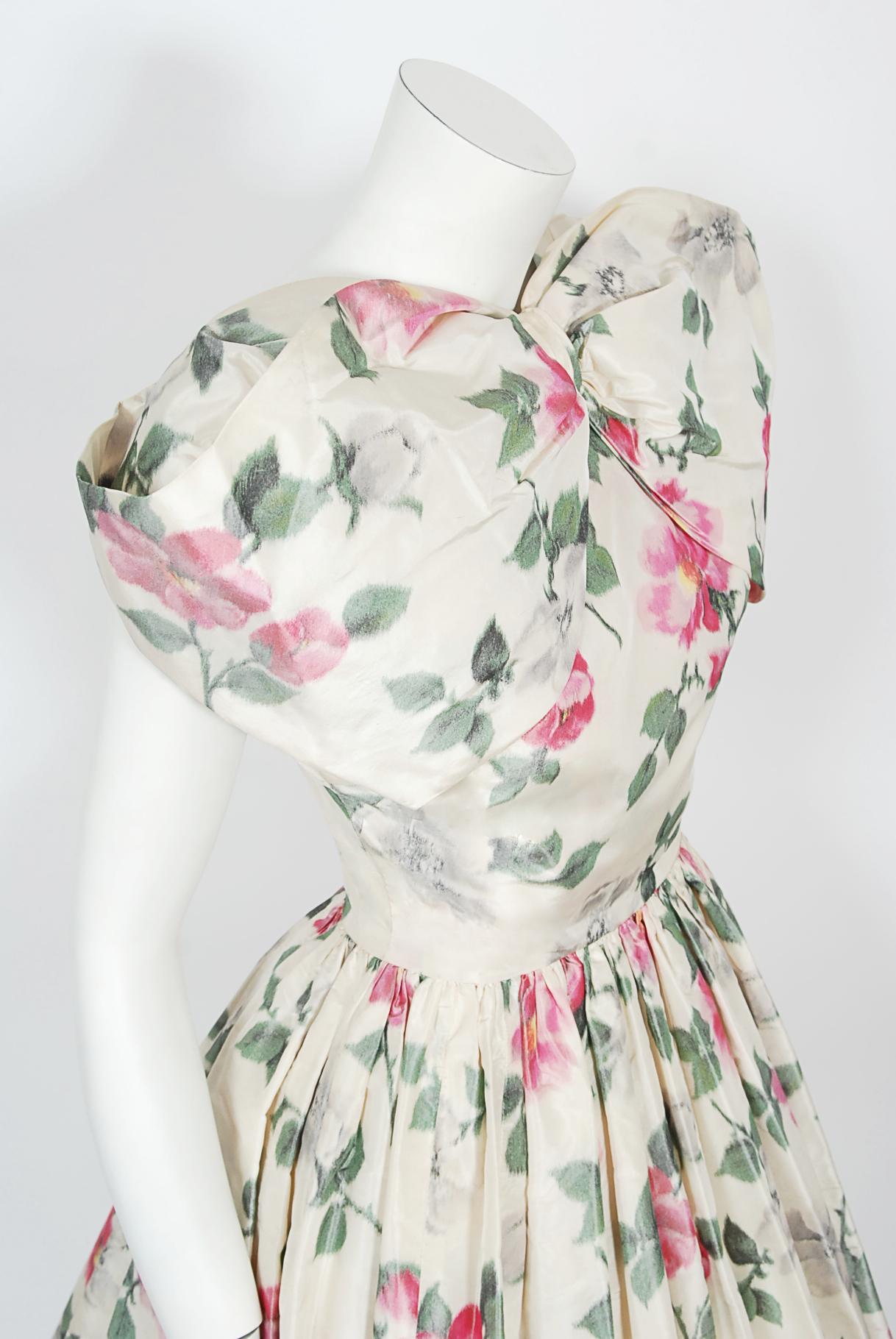 Women's Vintage 1950's Gustave Tassell Couture Pink Roses Silk Bow-Bodice Full Dress