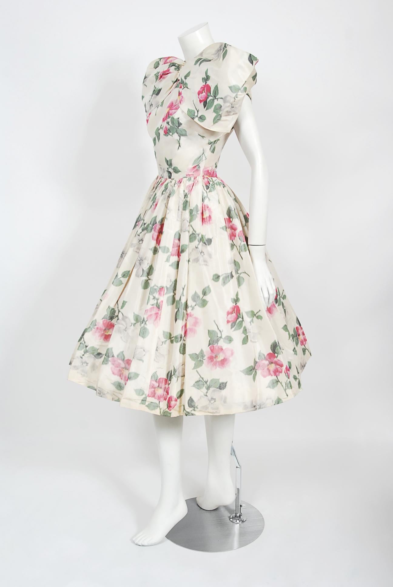 Vintage 1950's Gustave Tassell Couture Pink Roses Silk Bow-Bodice Full Dress 2