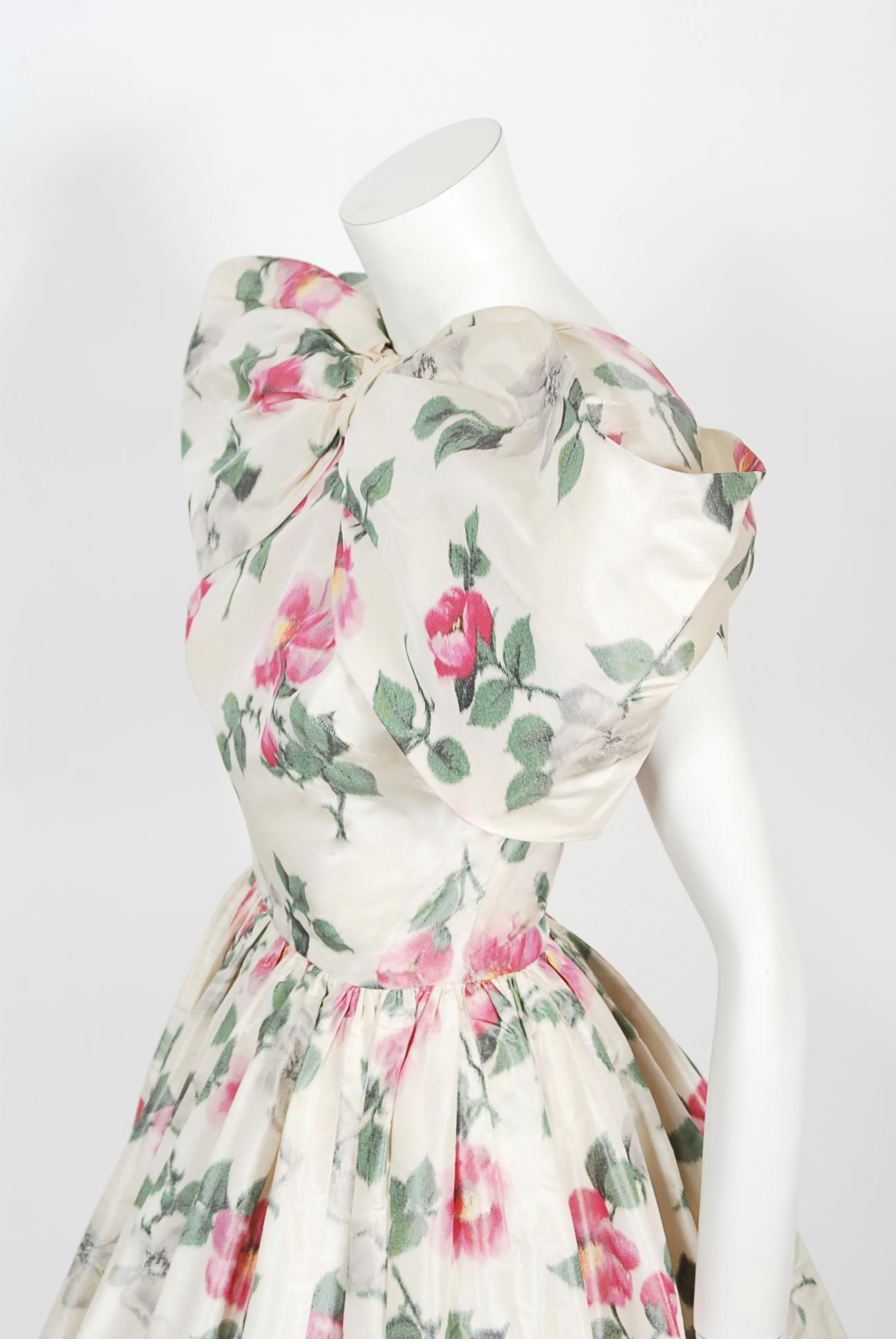 Vintage 1950's Gustave Tassell Couture Pink Roses Silk Bow-Bodice Full Dress 3