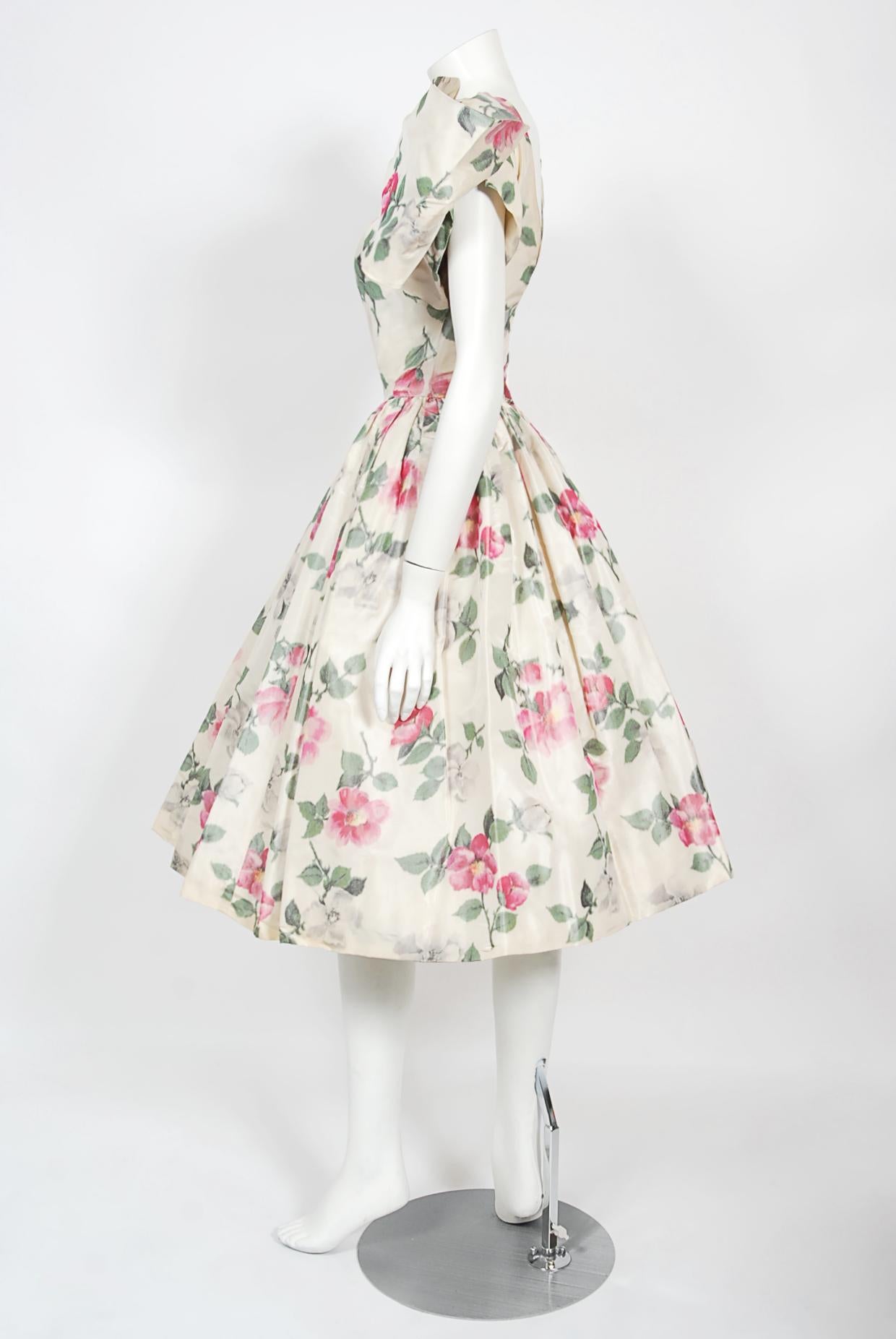 Vintage 1950's Gustave Tassell Couture Pink Roses Silk Bow-Bodice Full Dress 4