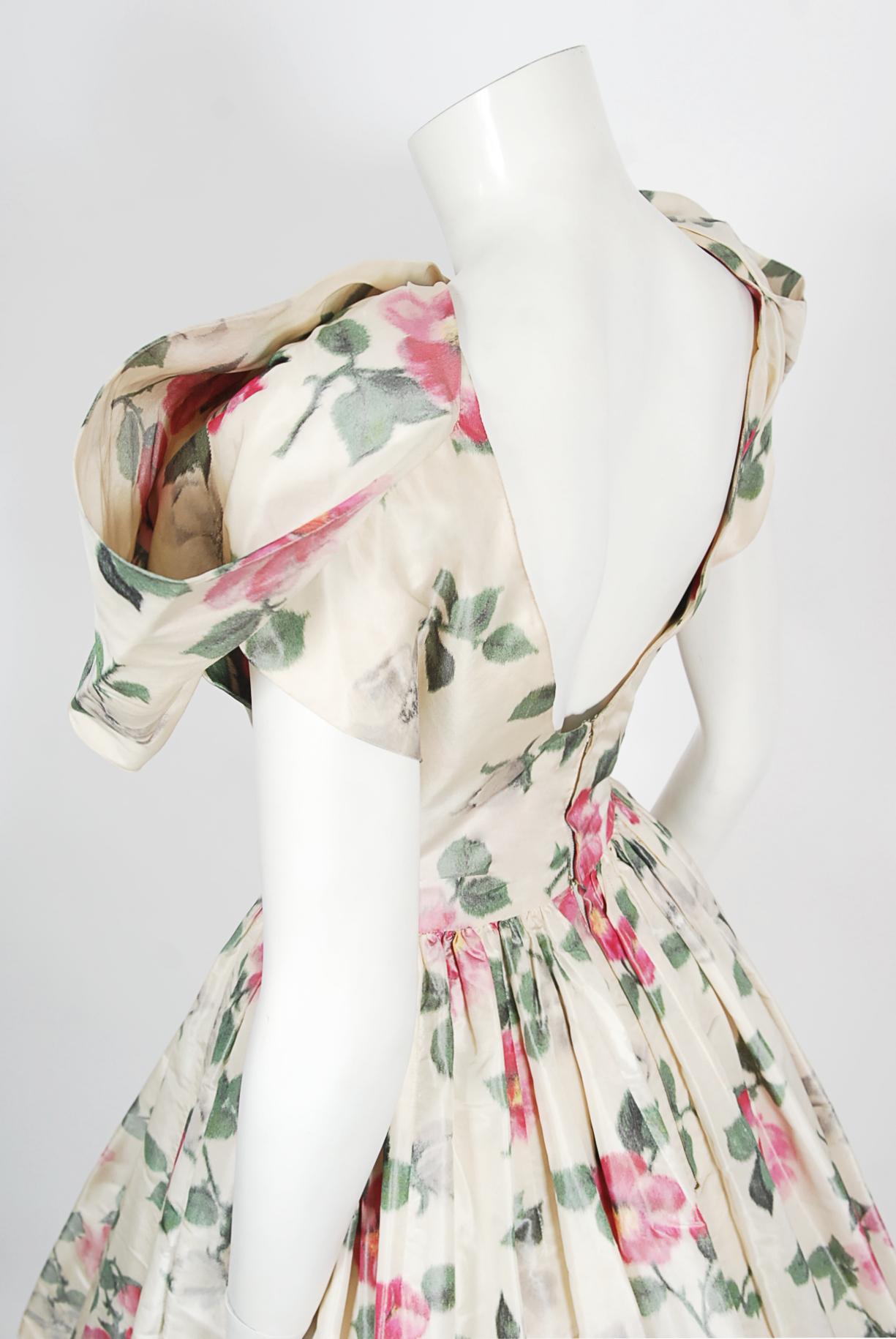 Vintage 1950's Gustave Tassell Couture Pink Roses Silk Bow-Bodice Full Dress 5