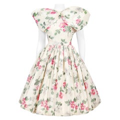 Vintage 1950's Gustave Tassell Couture Pink Roses Silk Bow-Bodice Full Dress