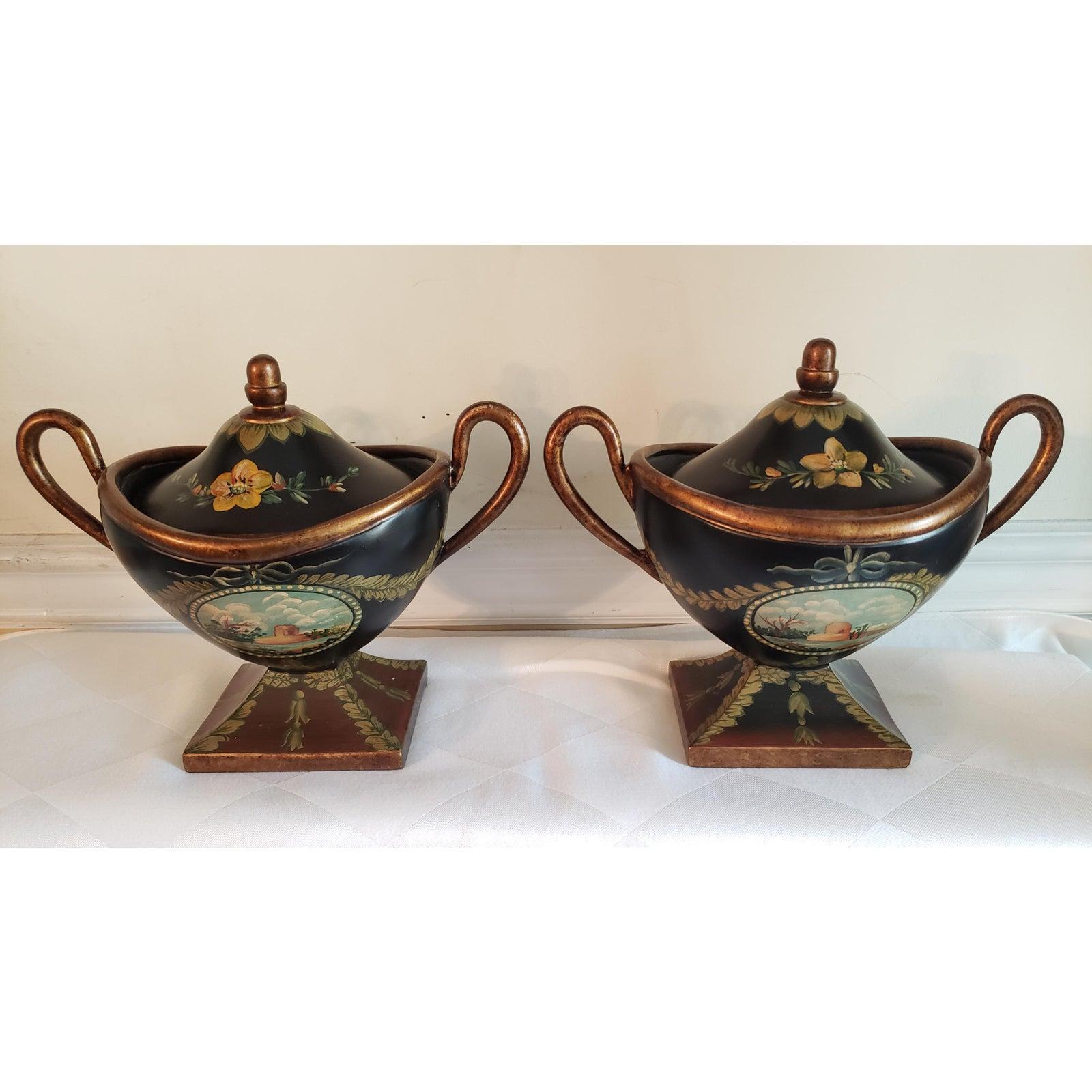 Vintage 1950s Hand Painted Decorative Ceramic Urns, a Pair For Sale 5