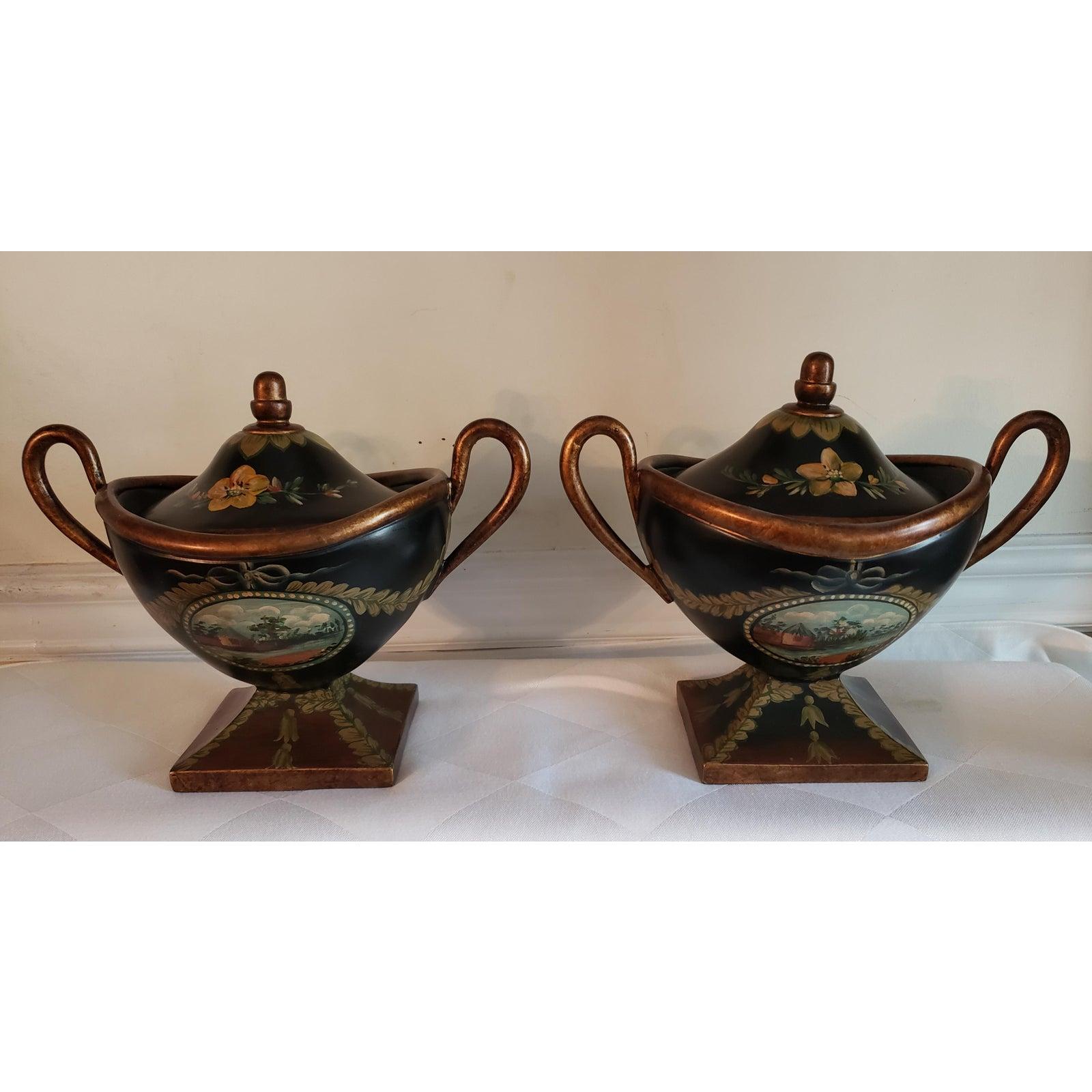 Vintage Japanese hand painted decorative ceramic urns. Urns measure 10.5inches in width by 6.5 inches in depth and 9 inches tall.
  