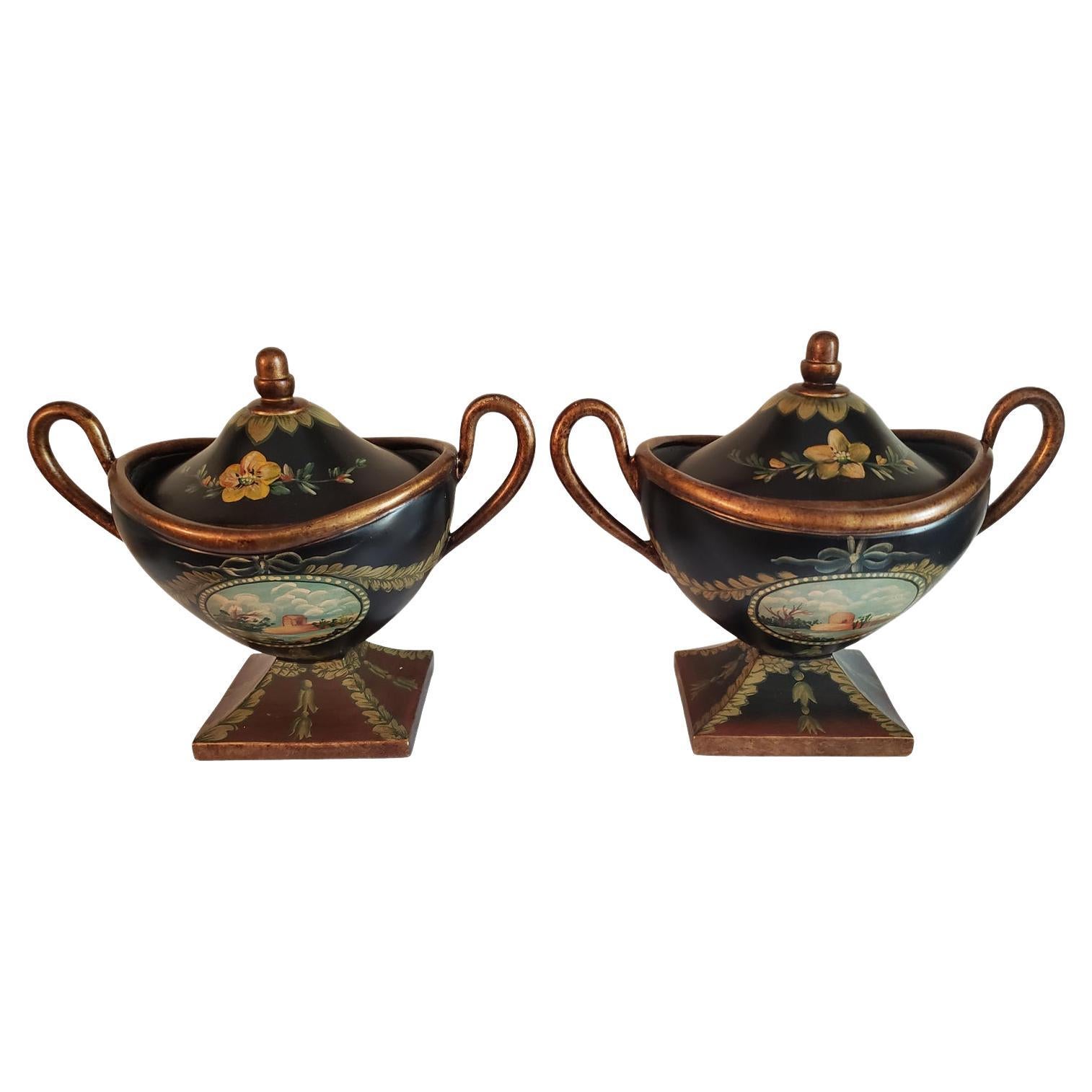 Vintage 1950s Hand Painted Decorative Ceramic Urns, a Pair For Sale