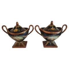 Paire d'urnes décoratives en céramique peintes à la main vintage des années 1950