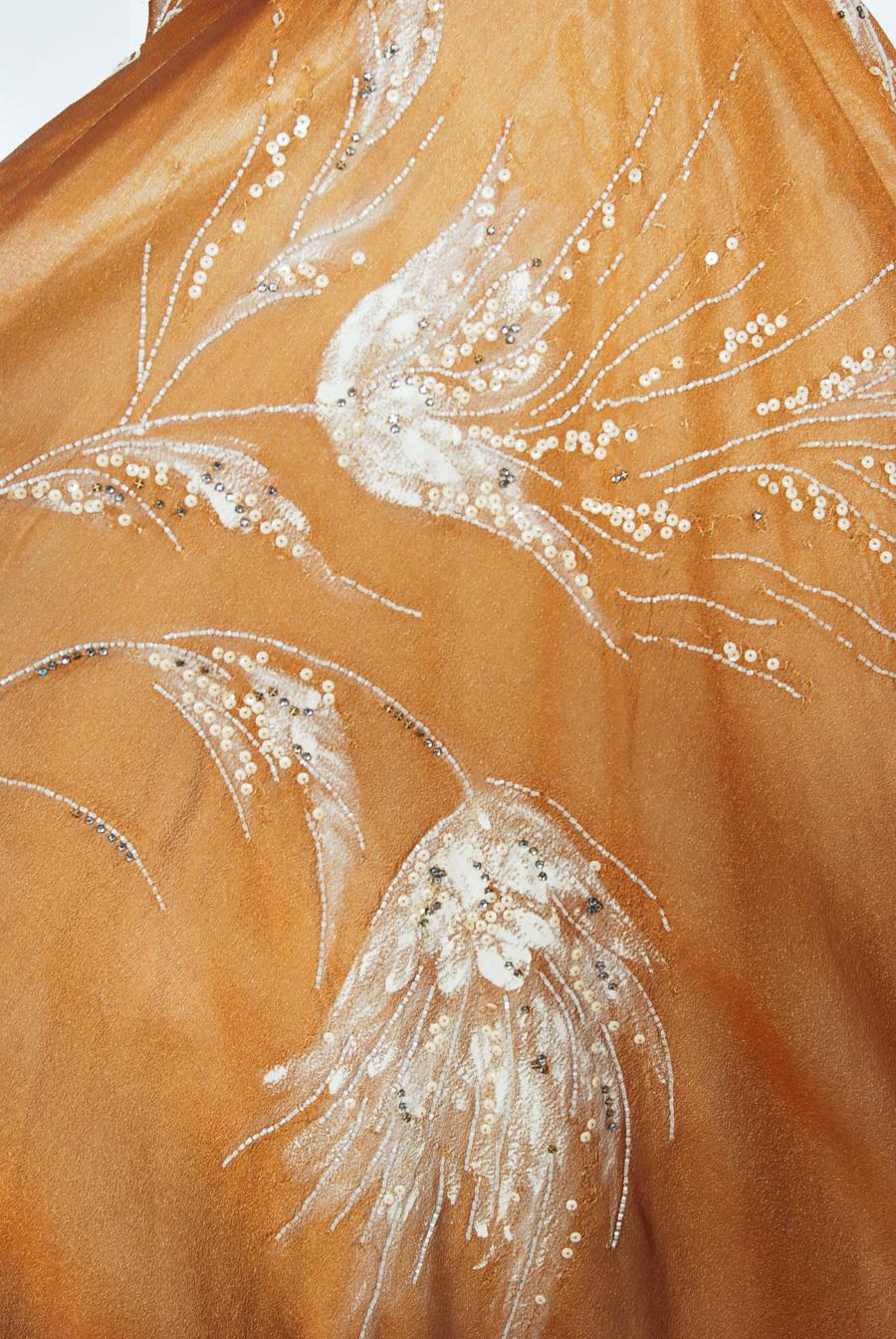 Vintage 1950's Hand-Painted Floral Copper Silk & Ivory Satin Full Gown w/ Shawl  4