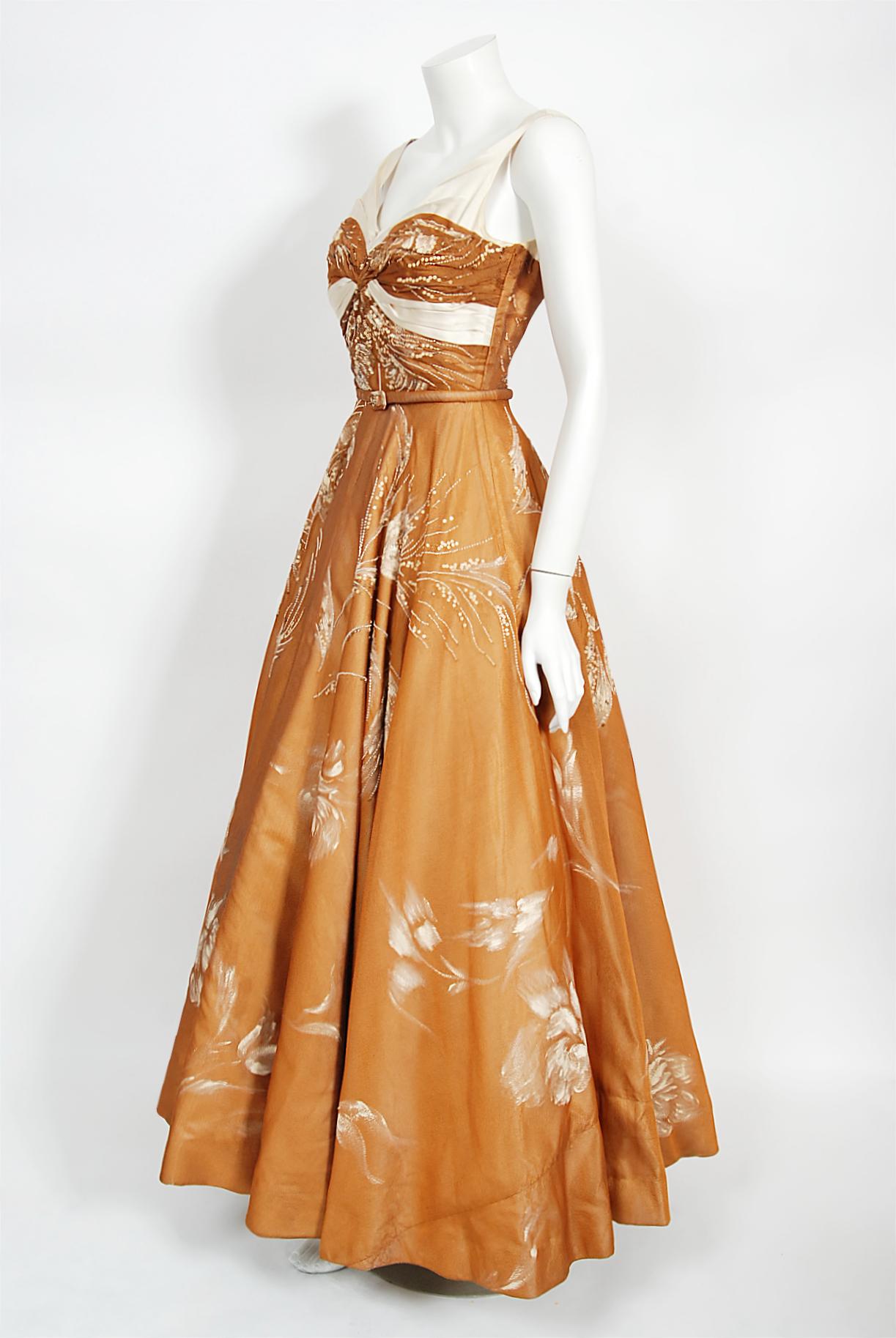 Vintage 1950's Hand-Painted Floral Copper Silk & Ivory Satin Full Gown w/ Shawl  6