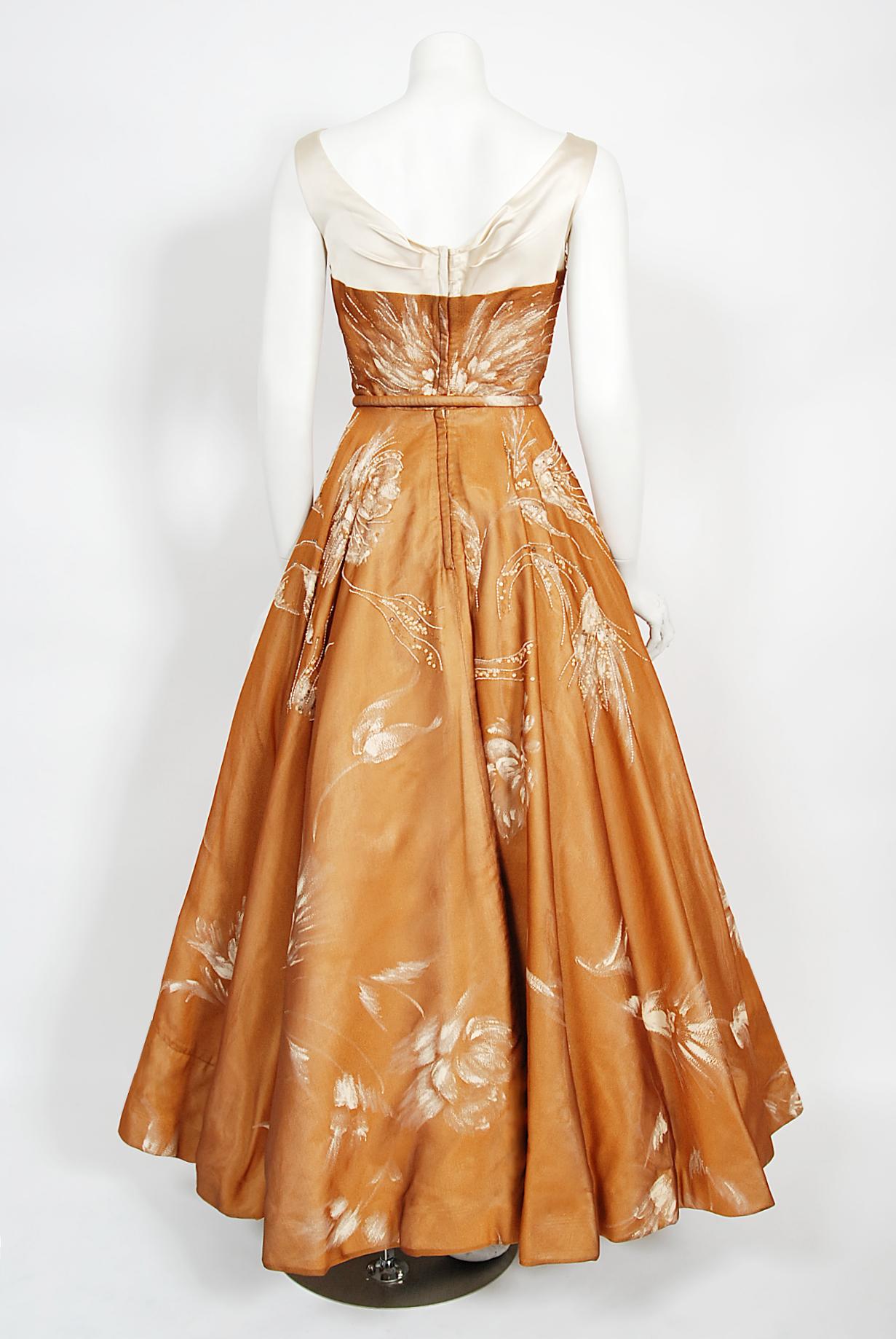 Vintage 1950's Hand-Painted Floral Copper Silk & Ivory Satin Full Gown w/ Shawl  7