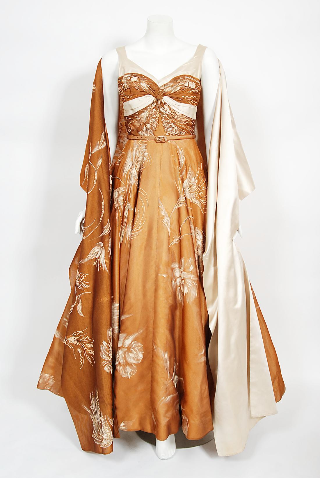 Vintage 1950's Hand-Painted Floral Copper Silk & Ivory Satin Full Gown w/ Shawl  In Good Condition In Beverly Hills, CA