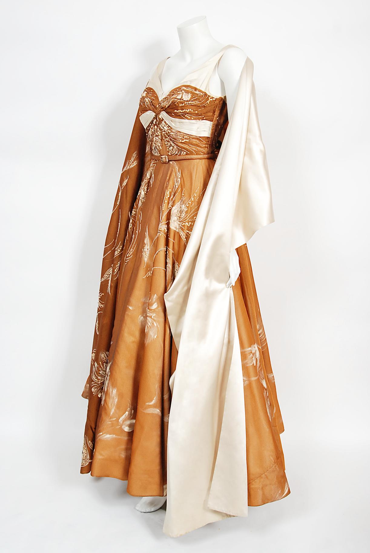 Women's Vintage 1950's Hand-Painted Floral Copper Silk & Ivory Satin Full Gown w/ Shawl 