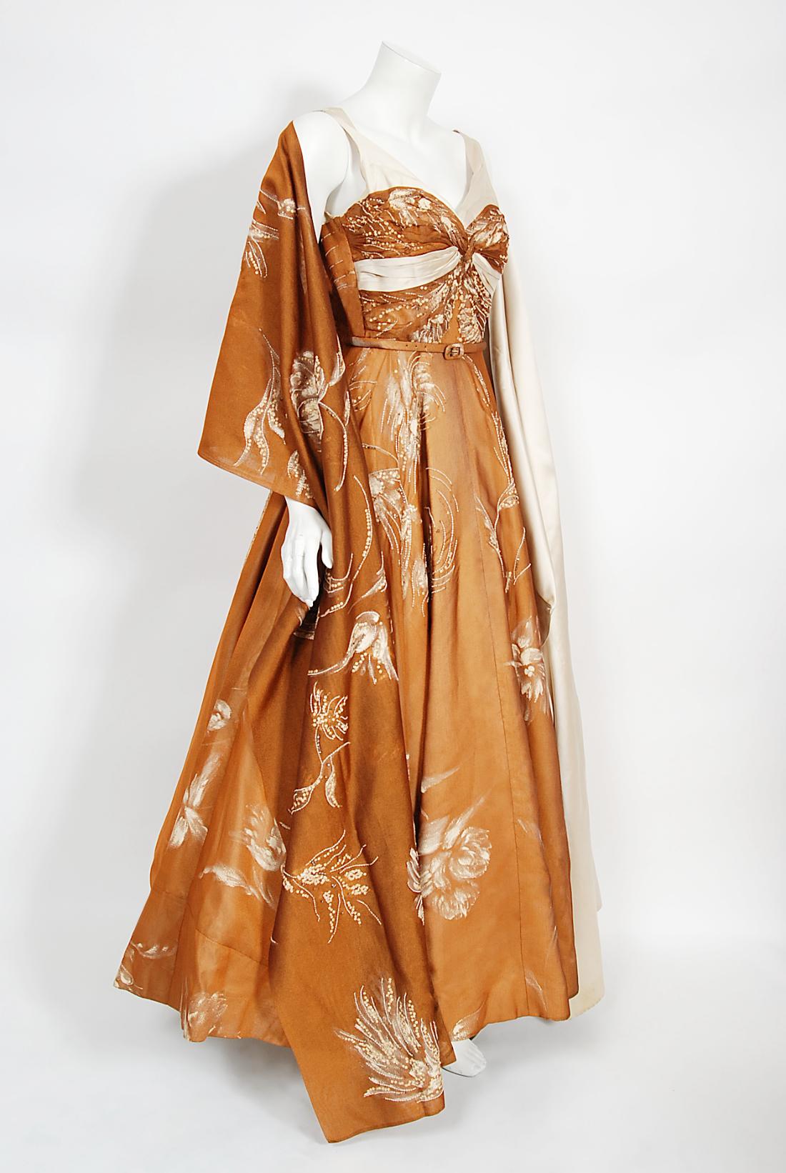 Vintage 1950's Hand-Painted Floral Copper Silk & Ivory Satin Full Gown w/ Shawl  1