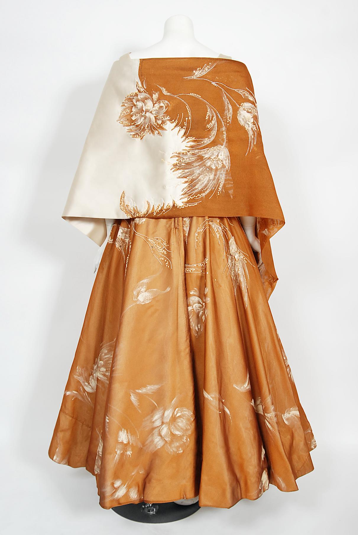 Vintage 1950's Hand-Painted Floral Copper Silk & Ivory Satin Full Gown w/ Shawl  2