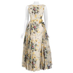 Retro 1950's Hand-Painted Floral Ivory Silk Skirted Hourglass Backless Gown