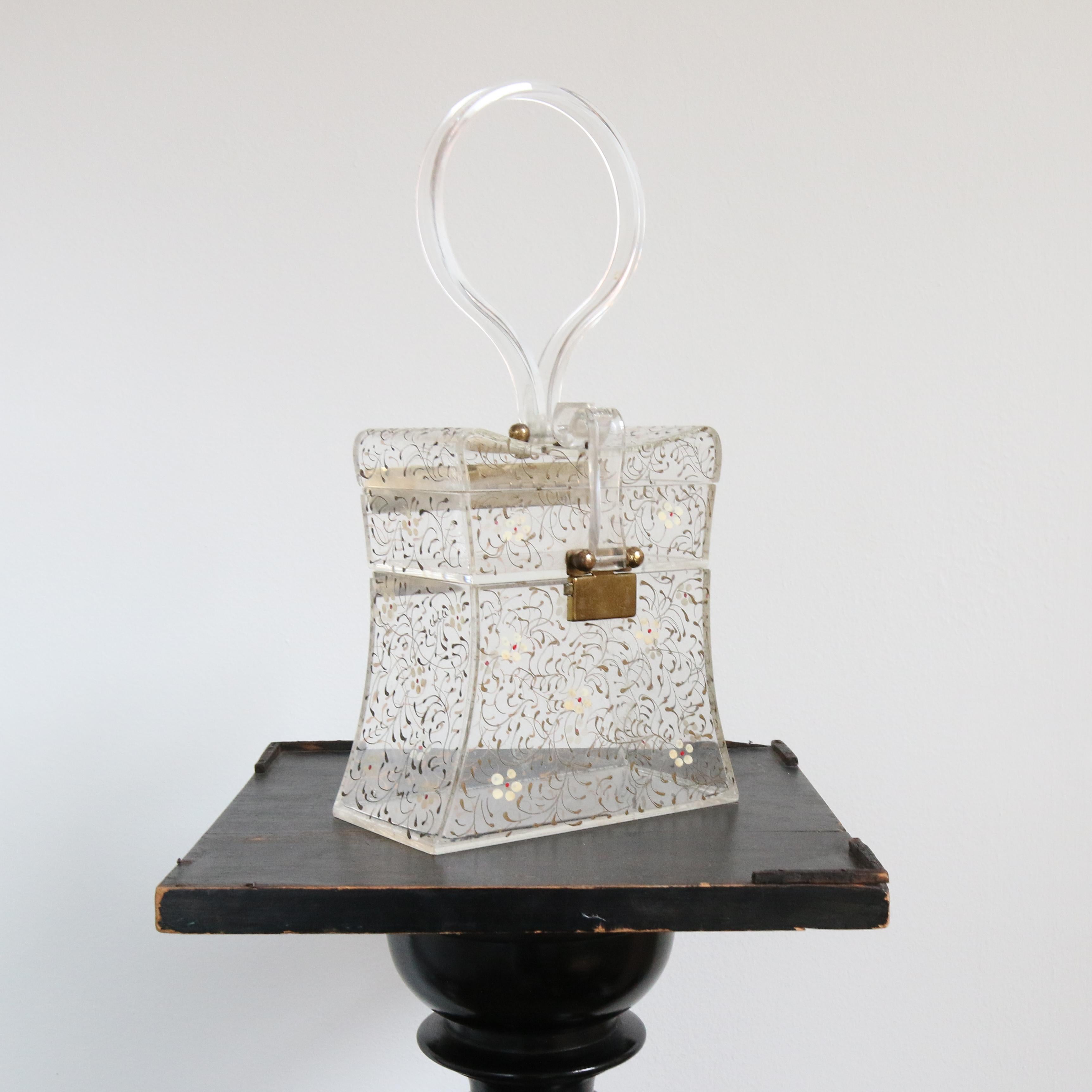 Vintage 1950's hand painted Wilardy Floral Lucite bag vintage handbag In Good Condition In Cheltenham, GB