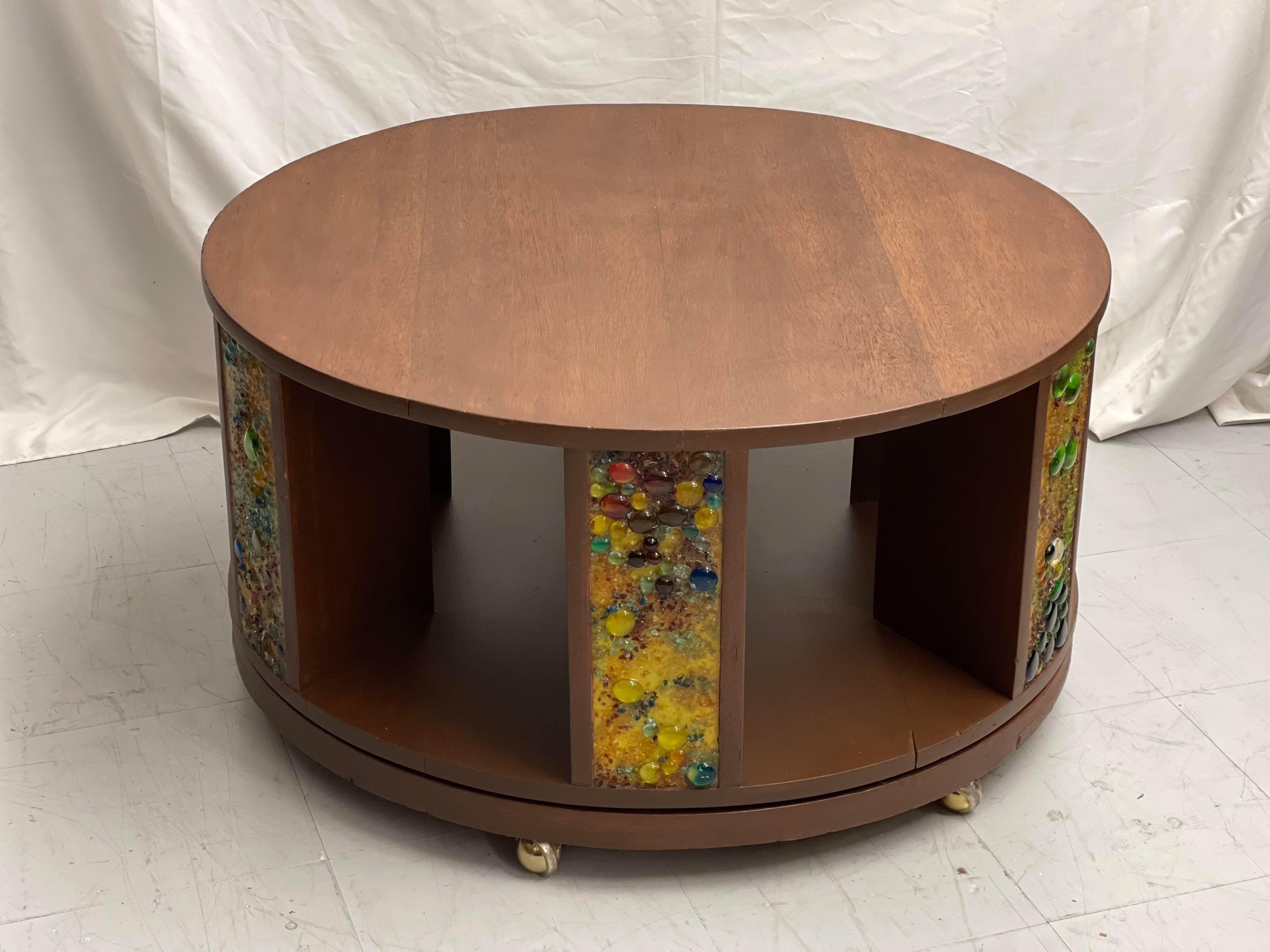 Mid-Century Modern Vintage 1950s Handcrafted Art Deco Style Rotating Coffee Table With Inlays For Sale