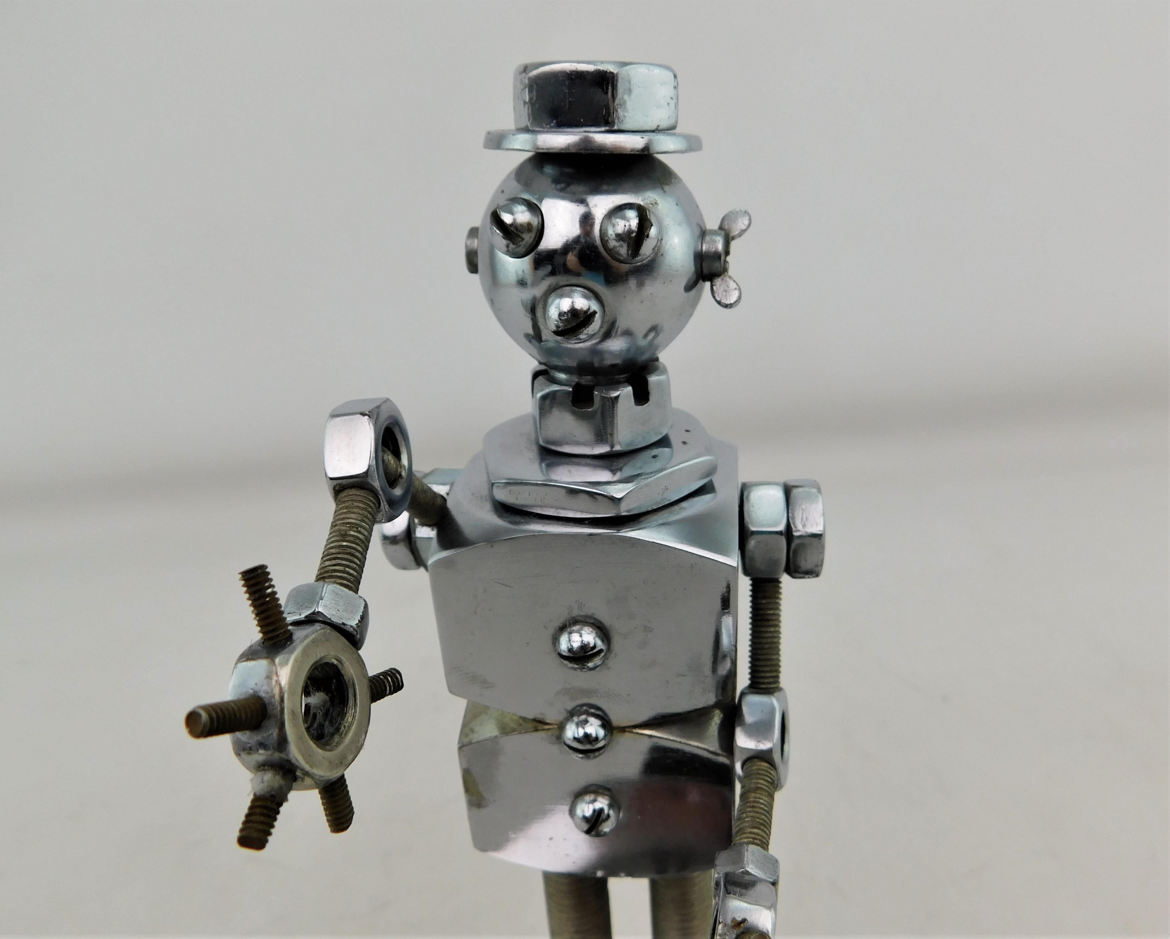 Hand-Crafted Vintage 1950s Handmade Robot Ashtray Sculpture Metal Scrap Art Articulating For Sale