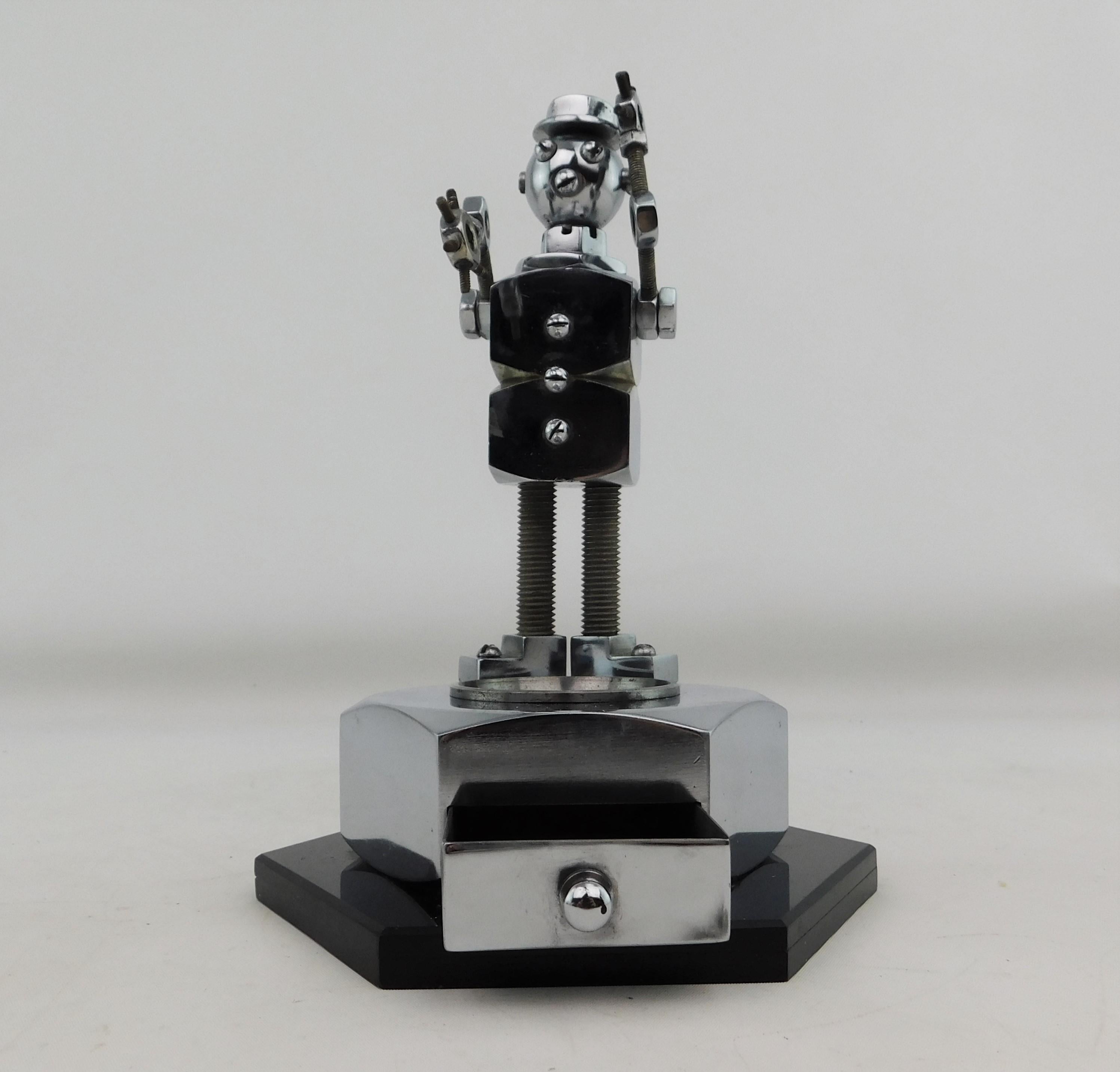 Vintage 1950s Handmade Robot Ashtray Sculpture Metal Scrap Art Articulating For Sale 2