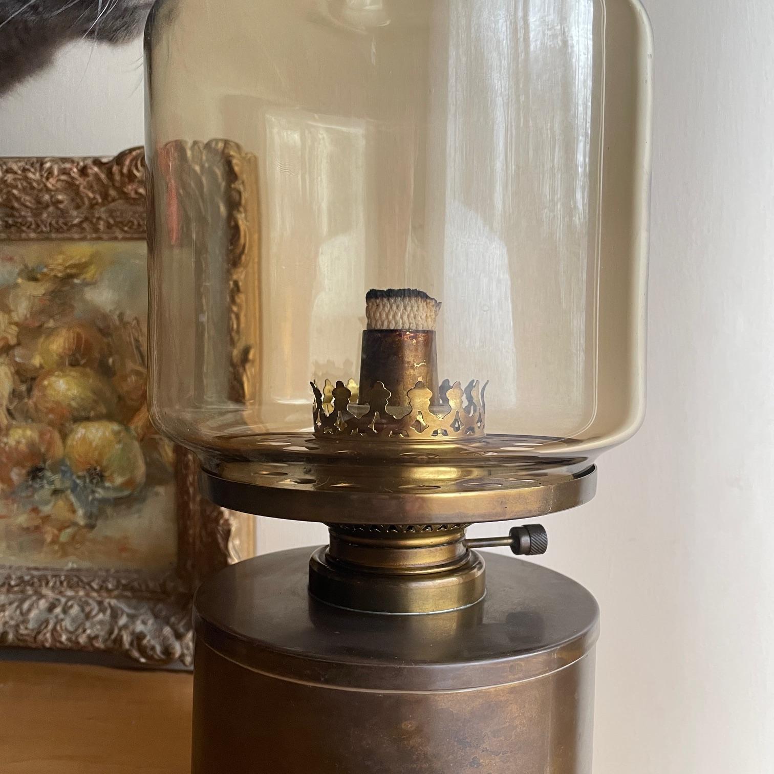Swedish Vintage 1950s Hans-Agne Jakobsson Oil Lamp Model L-47 Vintage Brass Amber Glass For Sale