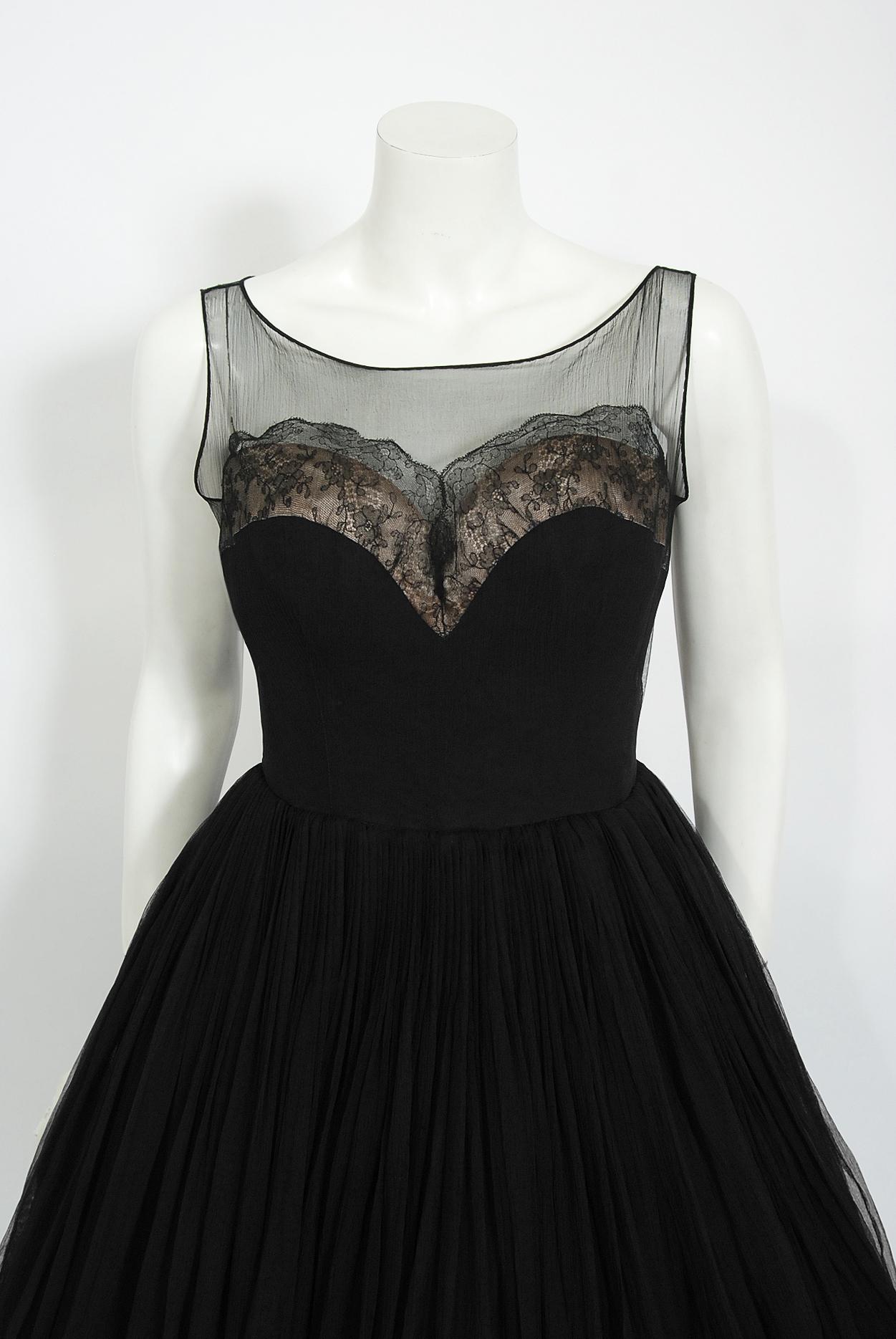 Vintage 1950's Harvey Berin Documented Black Chiffon & Lace Illusion Full Dress In Excellent Condition In Beverly Hills, CA