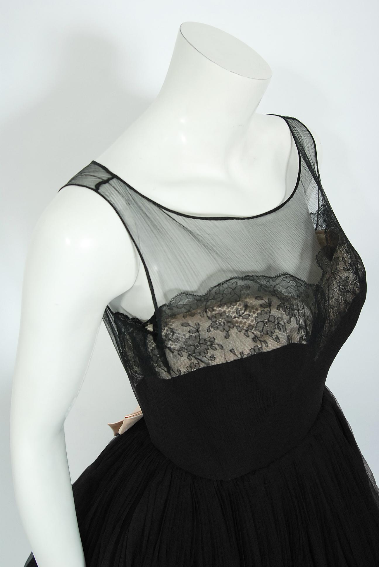 Vintage 1950's Harvey Berin Documented Black Chiffon & Lace Illusion Full Dress 1