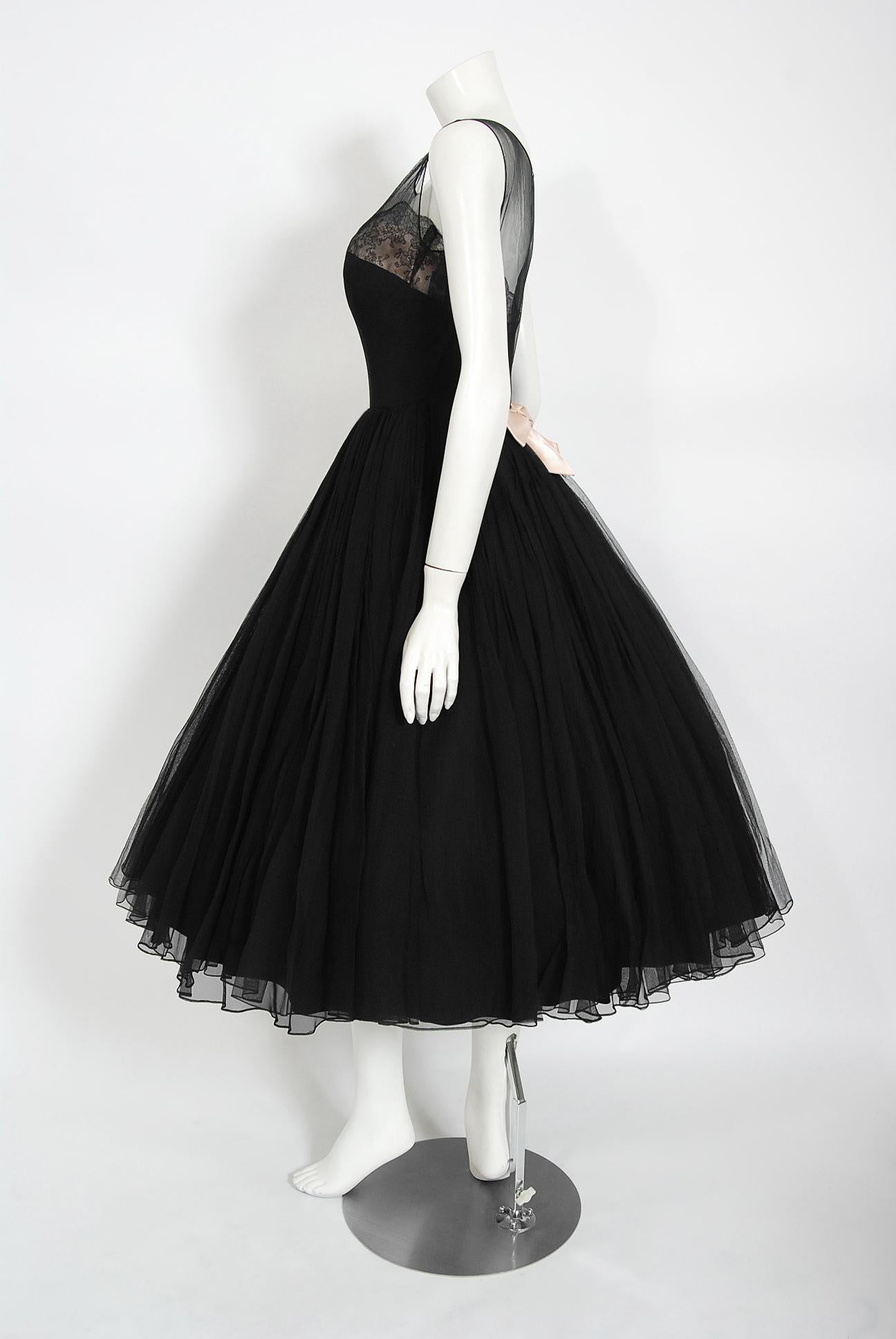 Vintage 1950's Harvey Berin Documented Black Chiffon & Lace Illusion Full Dress 2