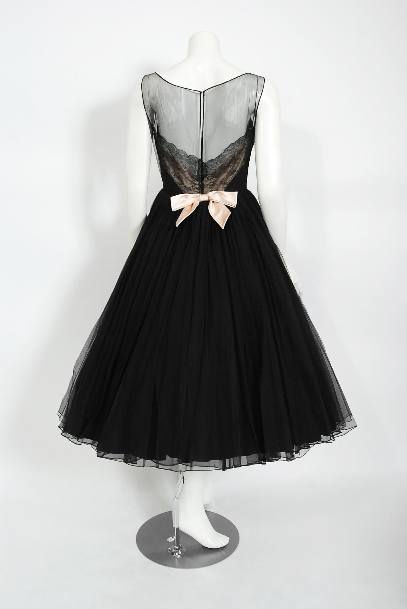 Vintage 1950's Harvey Berin Documented Black Chiffon & Lace Illusion Full Dress 4