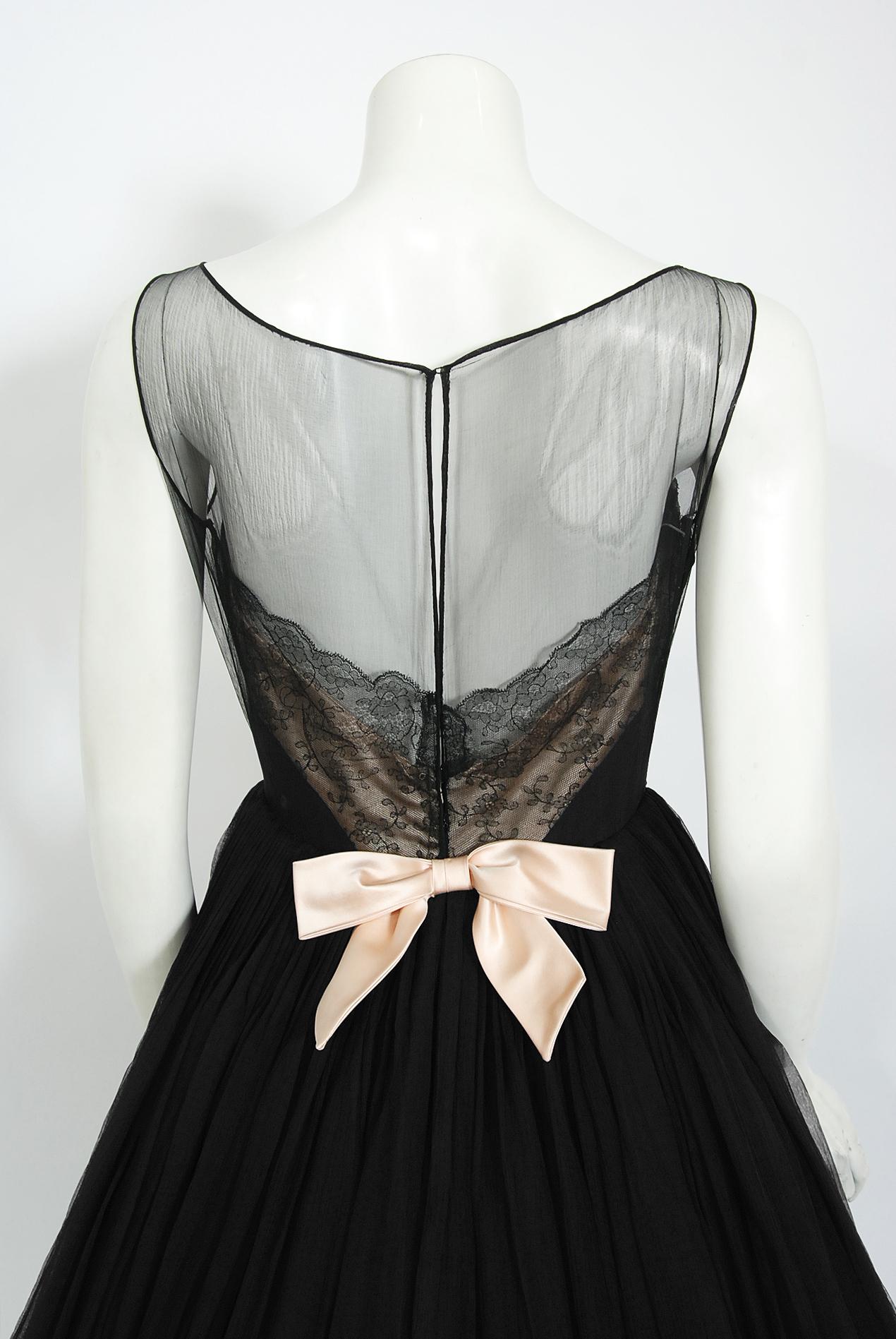 Vintage 1950's Harvey Berin Documented Black Chiffon & Lace Illusion Full Dress 5